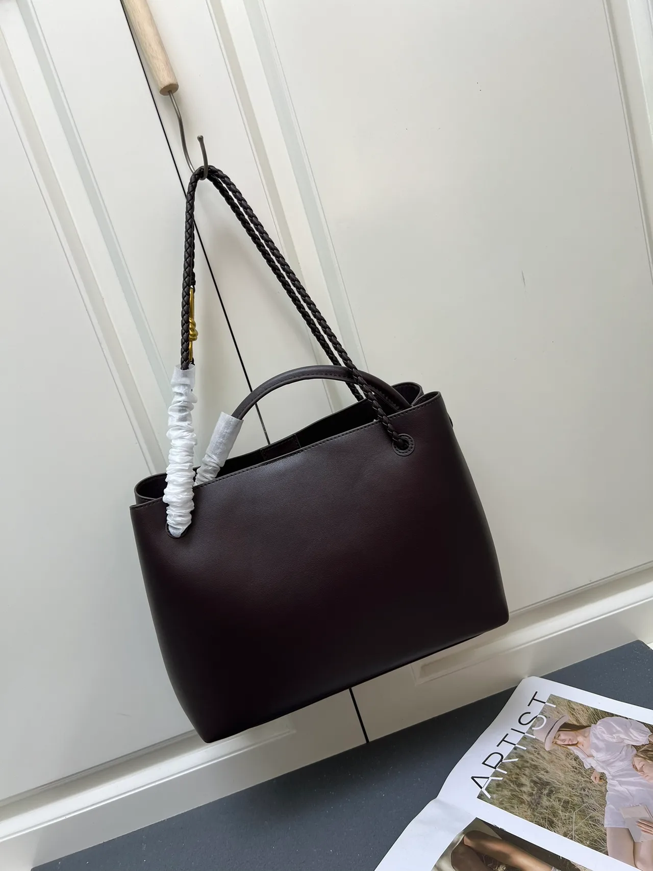 Bottega Veneta Calfskin Woven Braided-Handle Tote in Brown · view 3