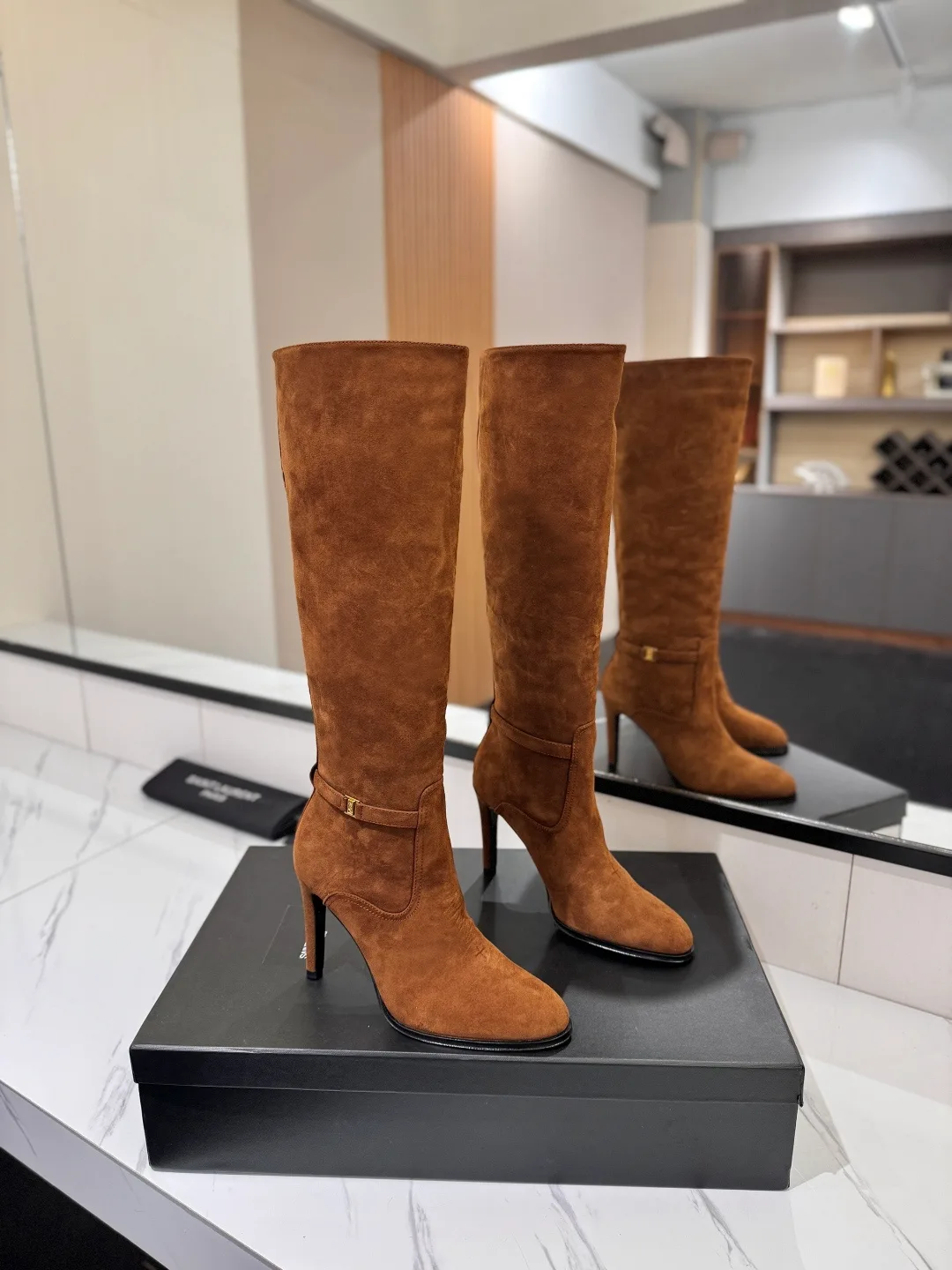 Saint Laurent Cowhide Sheepskin Glossy Suede-Look Buckle Knee-High Boots in Brown · view 1