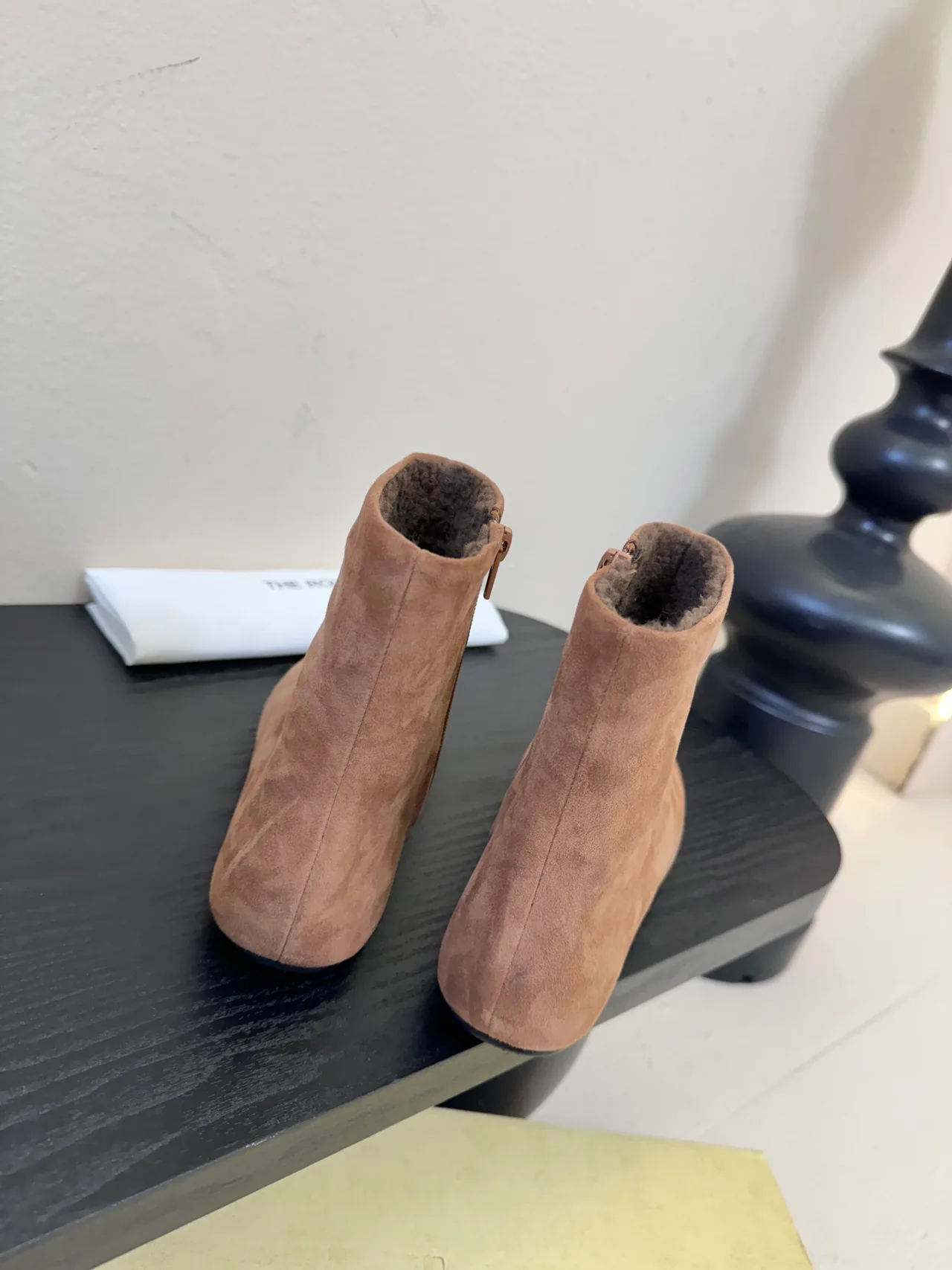 The Row Glossy Suede-Look Round-Toe Shearling Ankle Boots in Grey · view 7