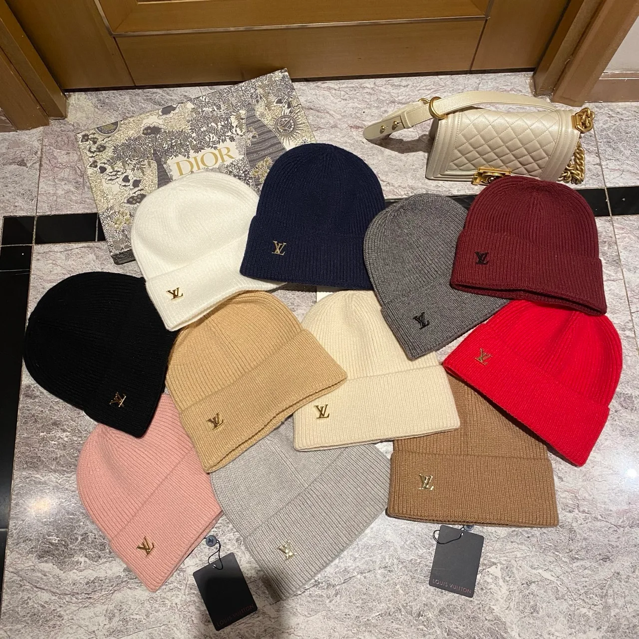 Louis Vuitton Logo Beanie in Brown & Black & Pink & White & Blue & Grey & Beige & Burgundy & Red · view 8