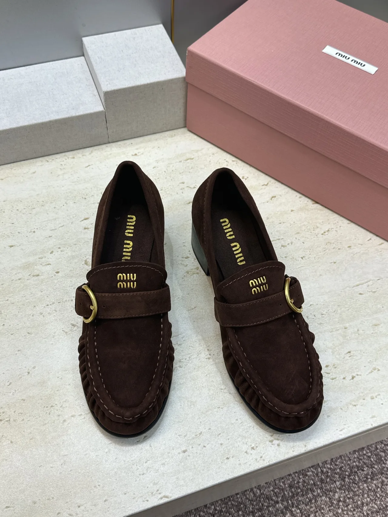 Miu Miu Cowhide Sheepskin Buckle Suede Heeled Loafers in Brown · view 2