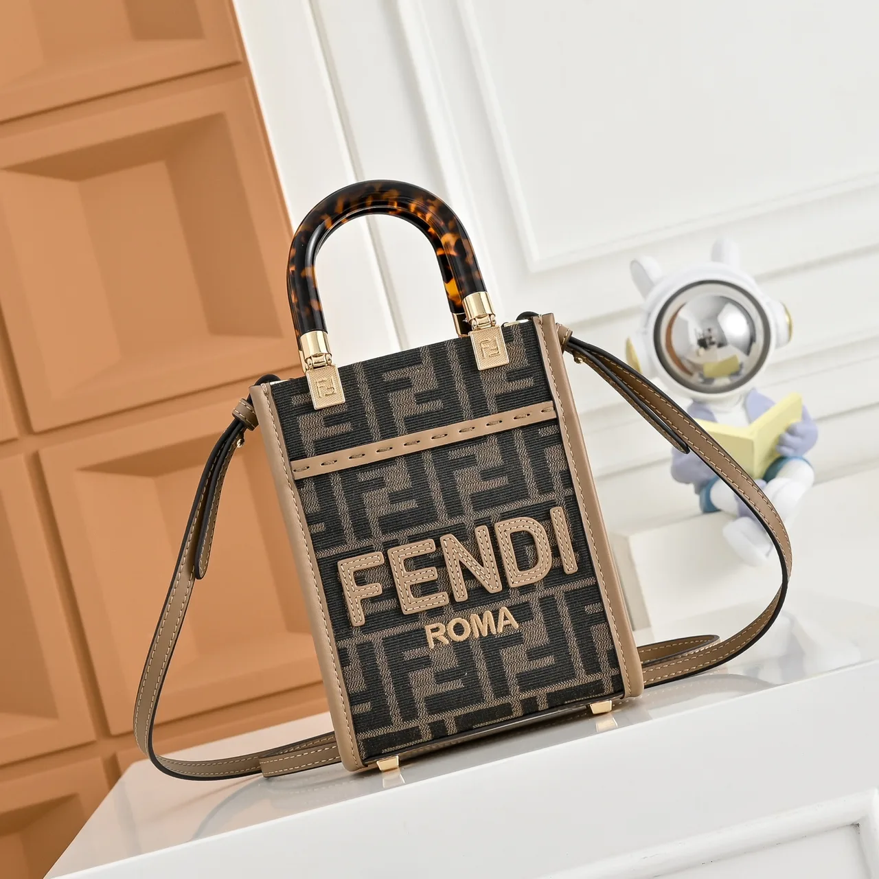 Fendi Mini FF Monogram Top-Handle Tote in Brown · view 1