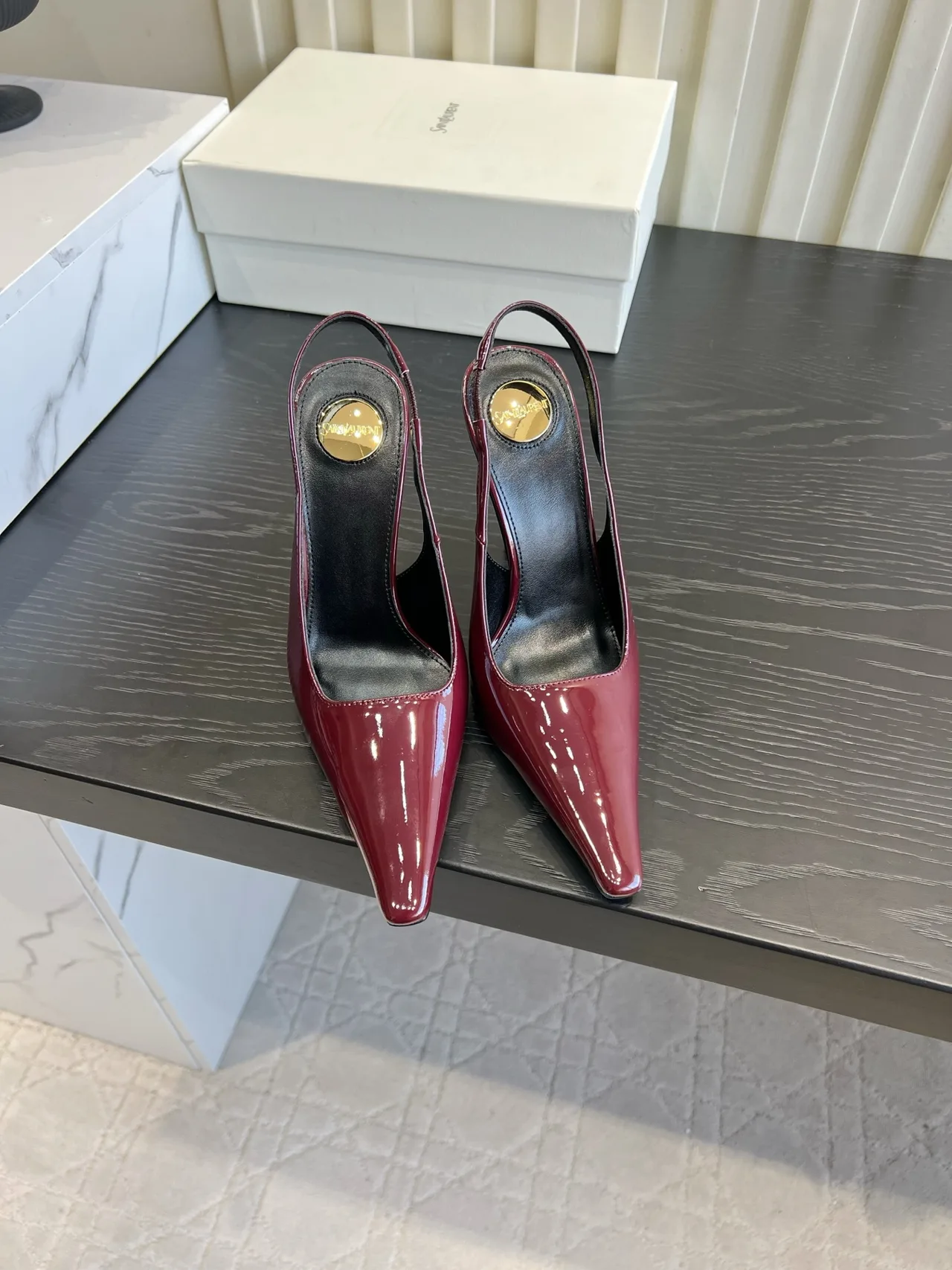 Saint Laurent Cowhide Silk Glossy Pointed-Toe Slingback Shoes in Burgundy · view 1