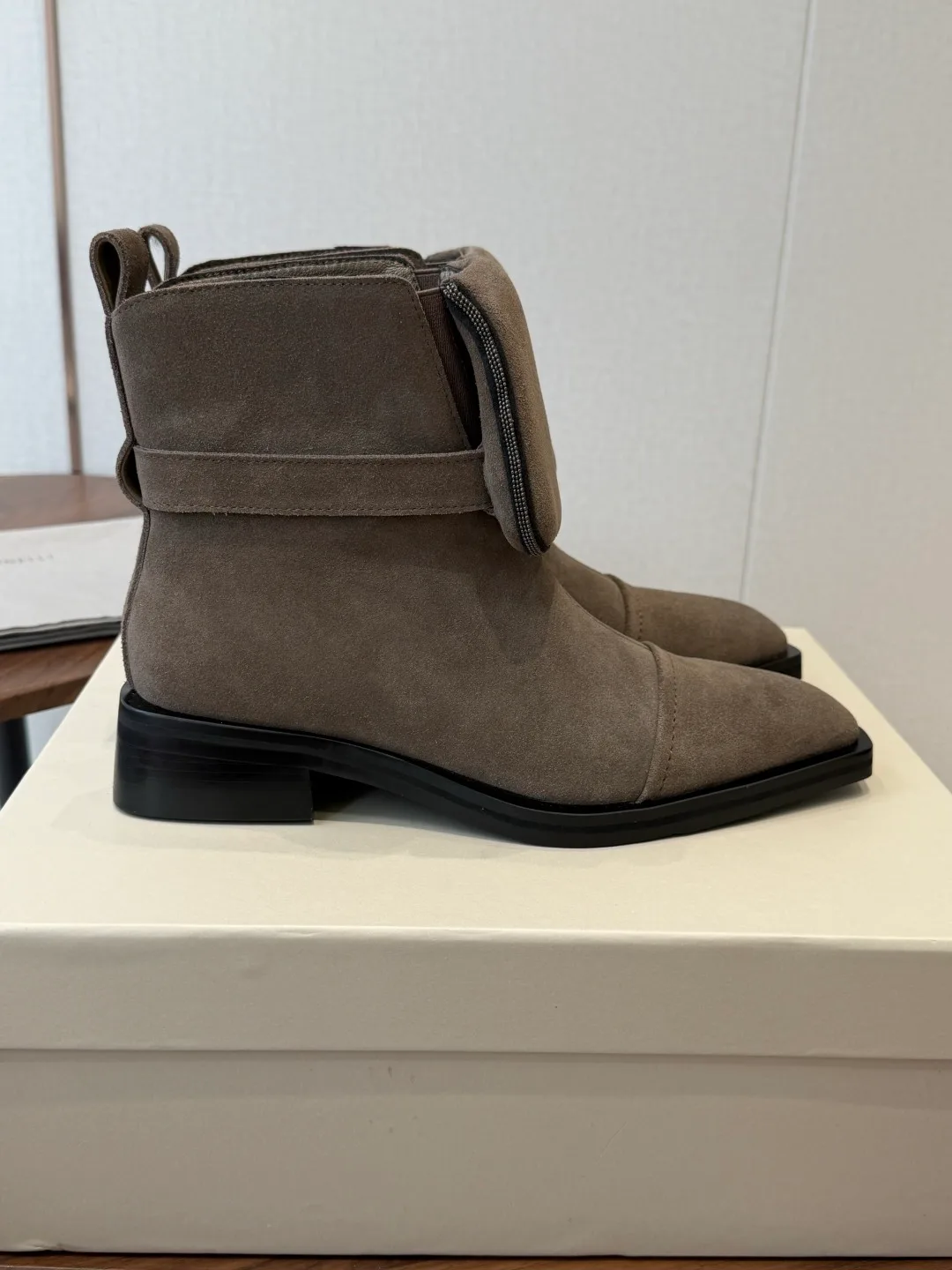 Brunello Cucinelli Glossy Suede-Look Pointed-Toe Ankle Boots in Grey · view 3