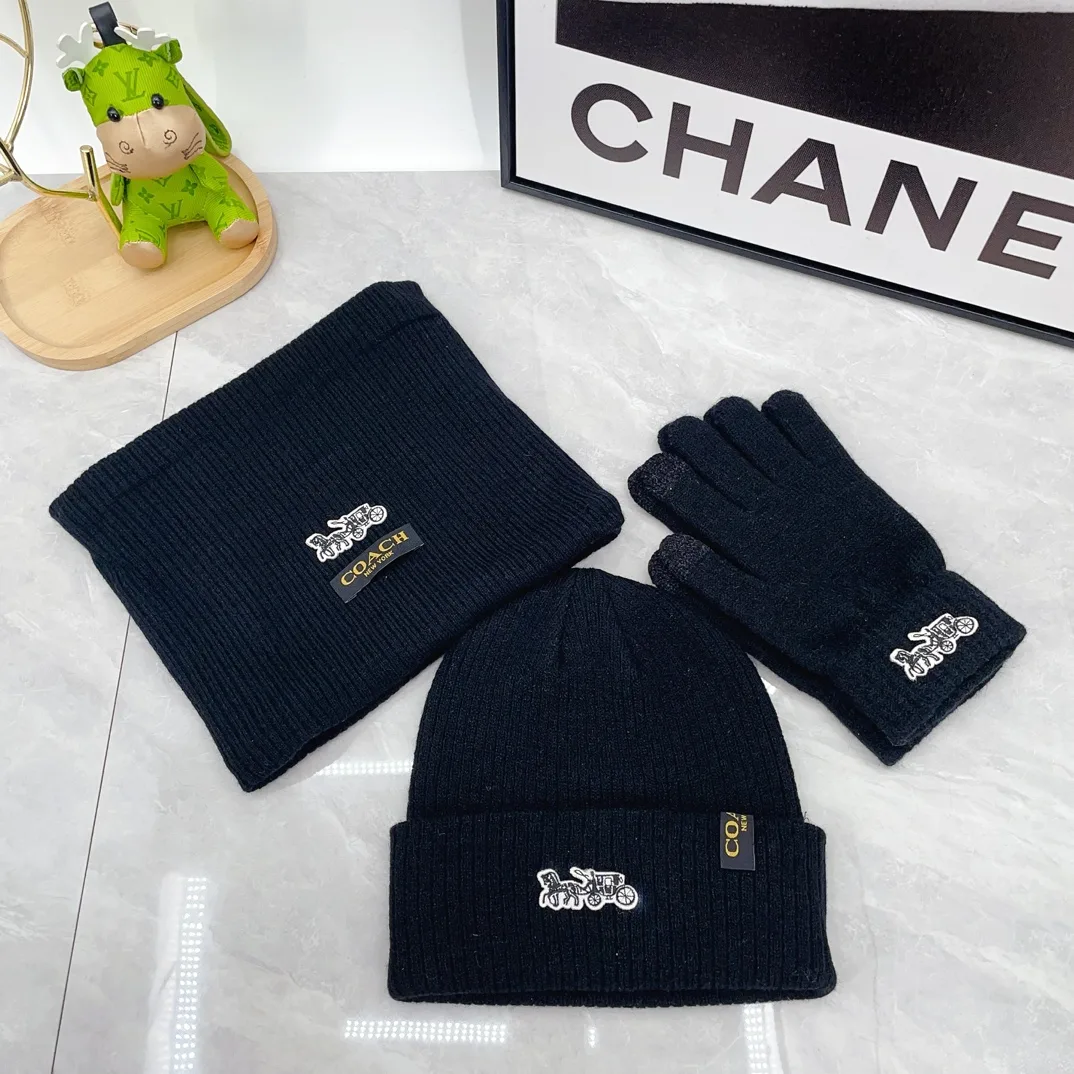 Coach Wool Ribbed Embroidered Hat Scarf and Gloves Set in Black · view 1