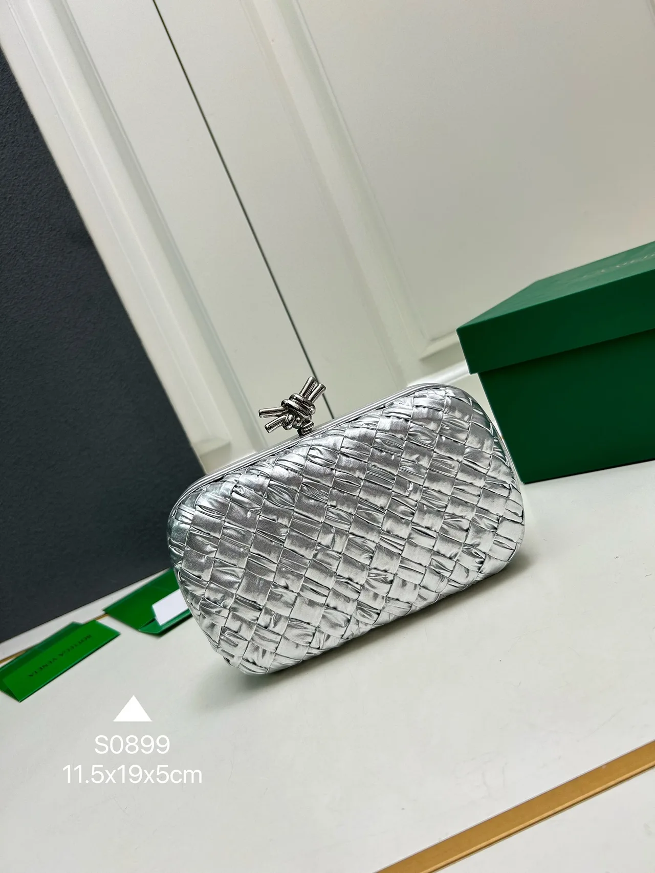 Bottega Veneta Woven Knot Clutch in Silver · view 1