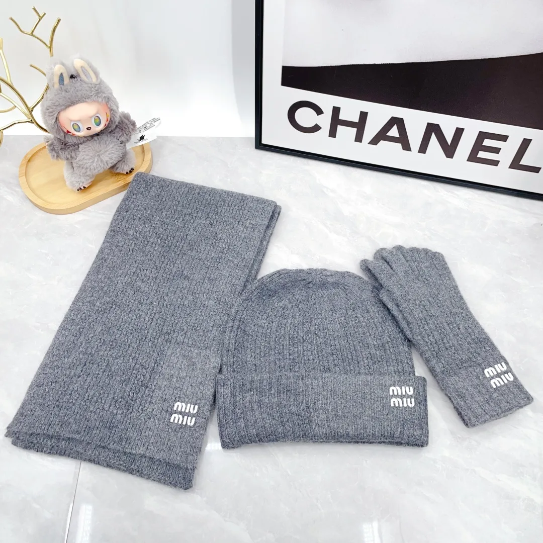 Miu Miu Wool Ribbed Hat Scarf and Gloves Set in Grey · view 1