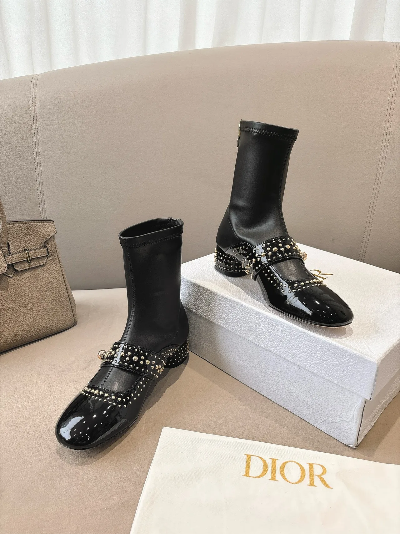 Dior Sheepskin Patent Leather Glossy Square-Toe Ankle Boots in Black · view 5