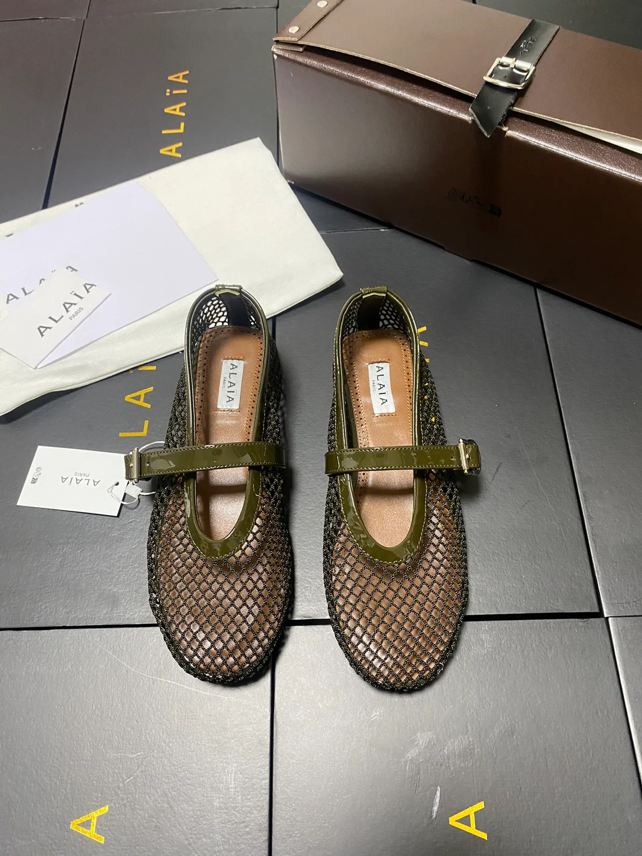 Alaia Cowhide Sheepskin Mesh Mary Jane Flats in Green · view 1