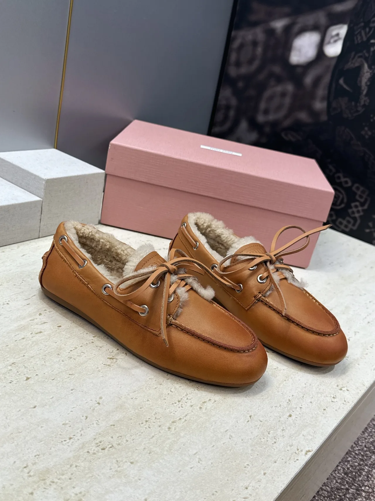 Miu Miu Calfskin Smooth Loafers in Tan · view 1