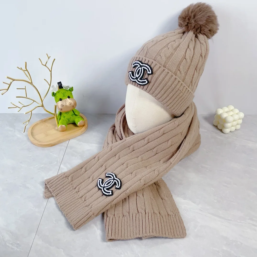 Chanel Wool Ribbed Hat and Scarf Set in Beige · view 2