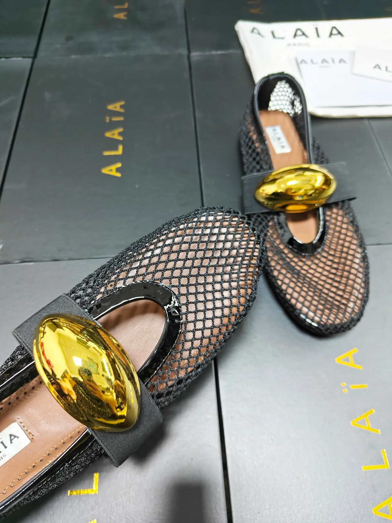 Alaia Cowhide Sheepskin Pointed-Toe Mesh Ballet Flats in Black · view 8