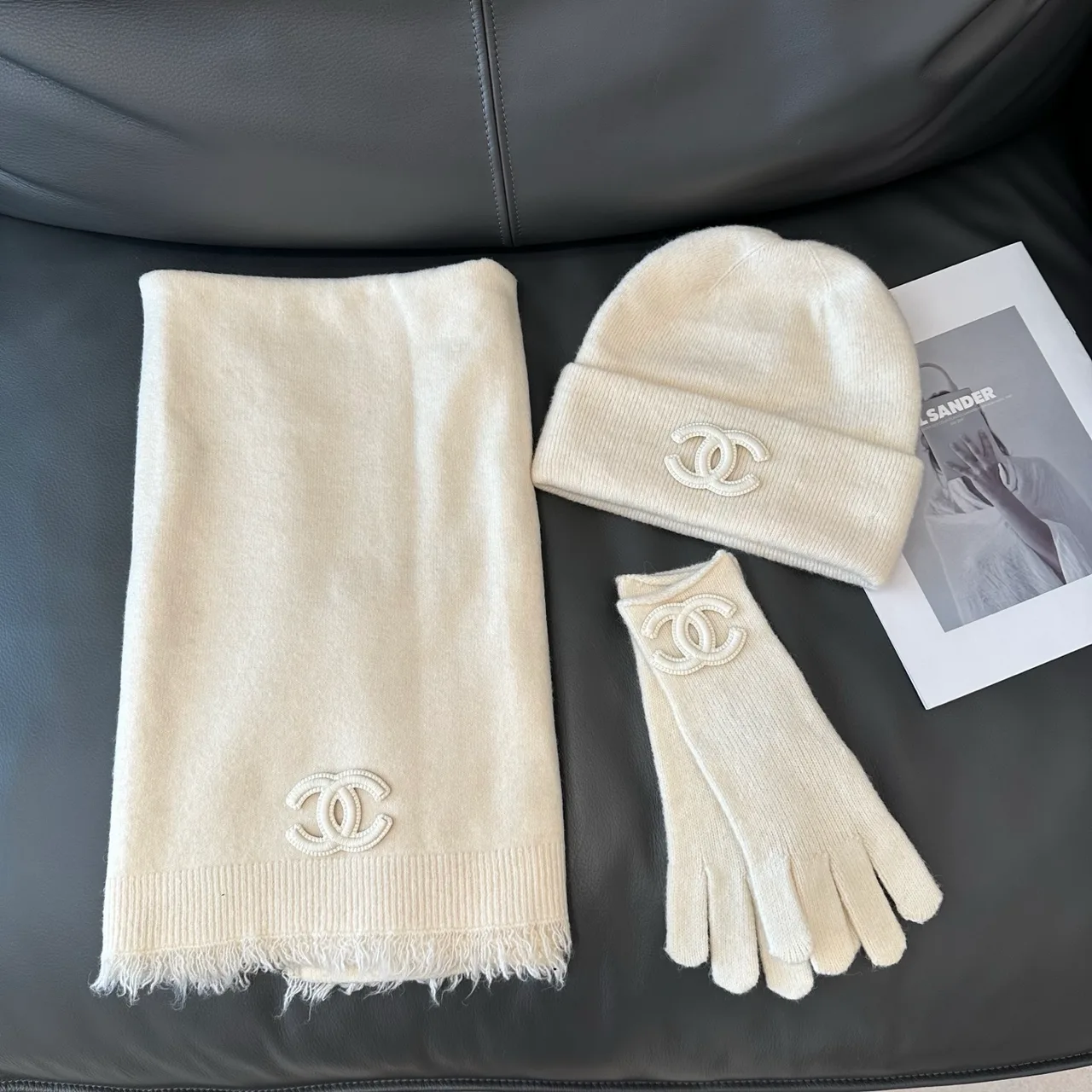 Chanel Hat Scarf and Gloves Set in White & Black & Grey & Beige · view 1
