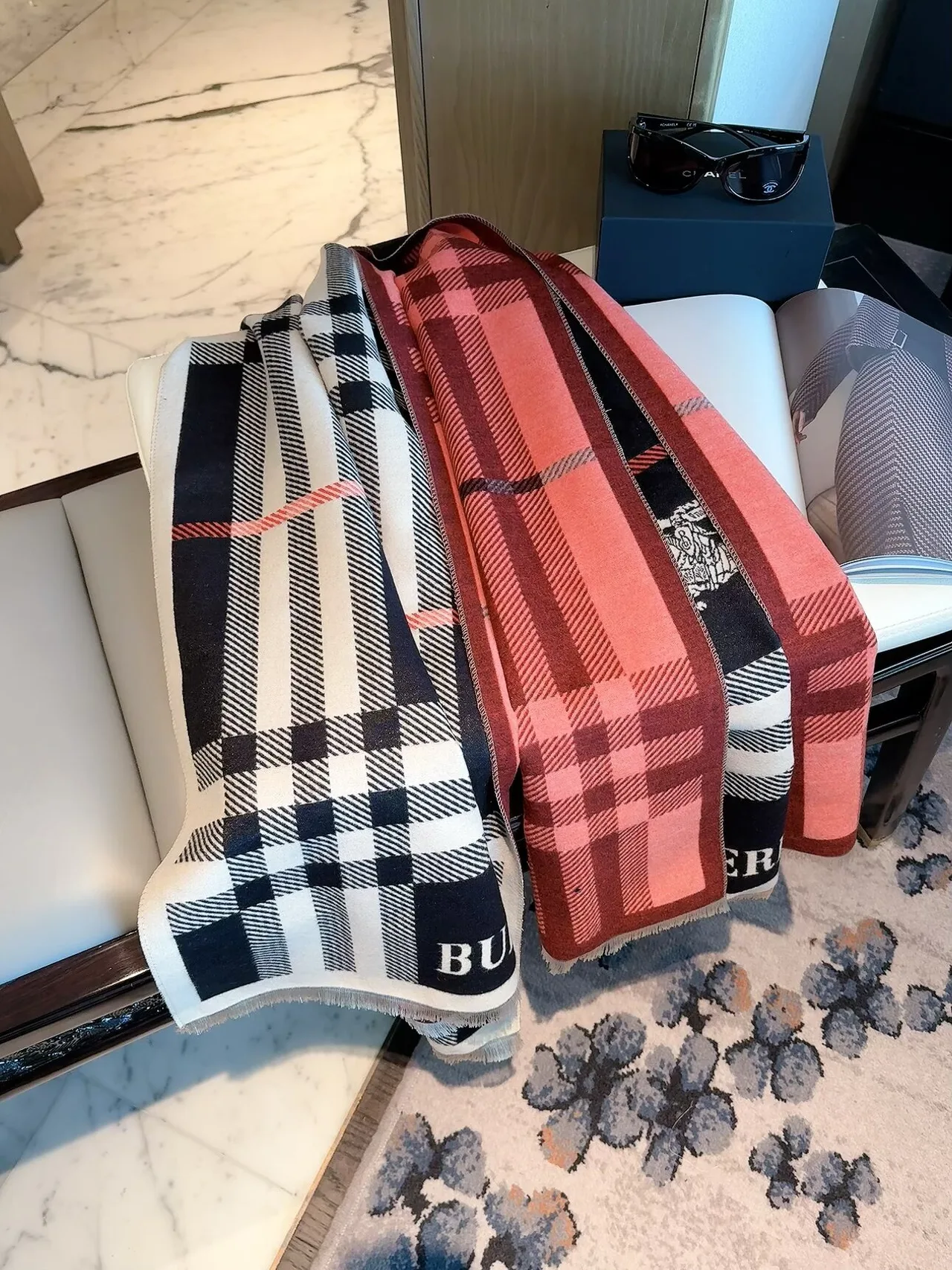 Burberry Check Equestrian Shawl in Beige & Red & Black · view 8