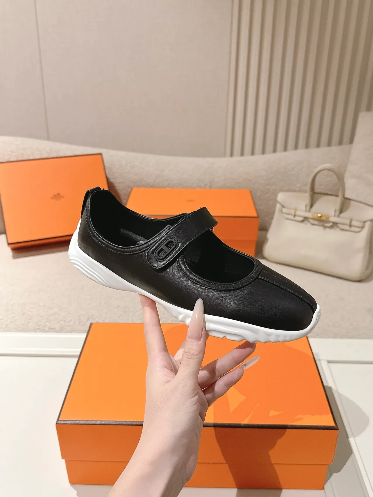 Hermes Lambskin Round-Toe Buckle Mary Jane Shoes in Black · view 5