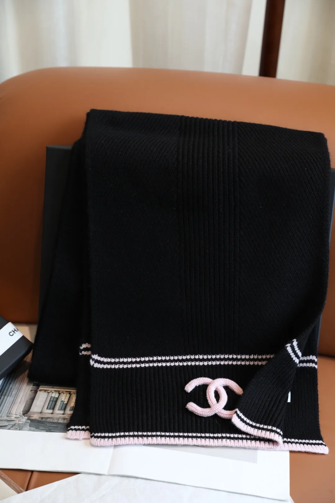 Chanel Wool Cashmere Striped Scarf in Black · view 5