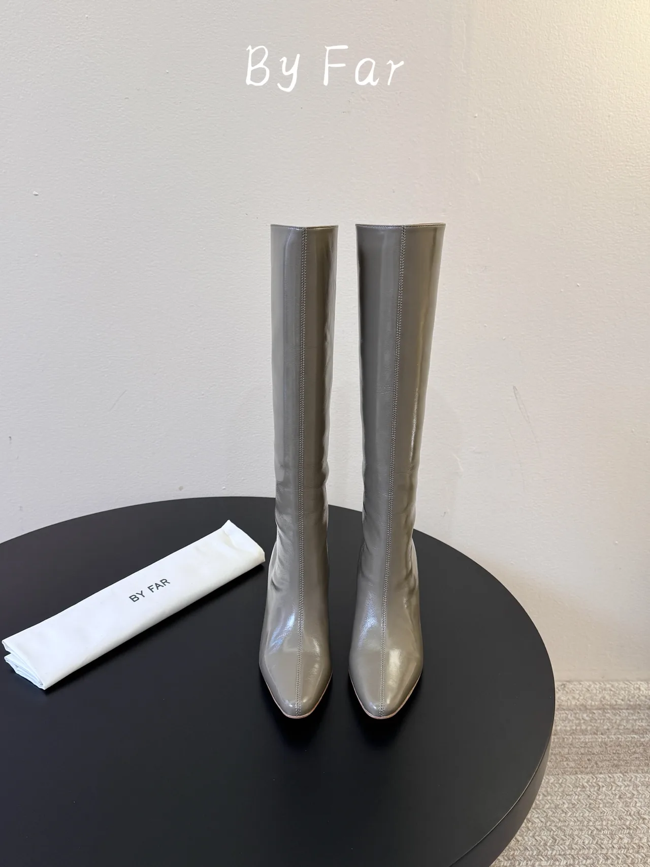 By Far Glossy Pointed-Toe Knee-High Boots in Grey · view 1