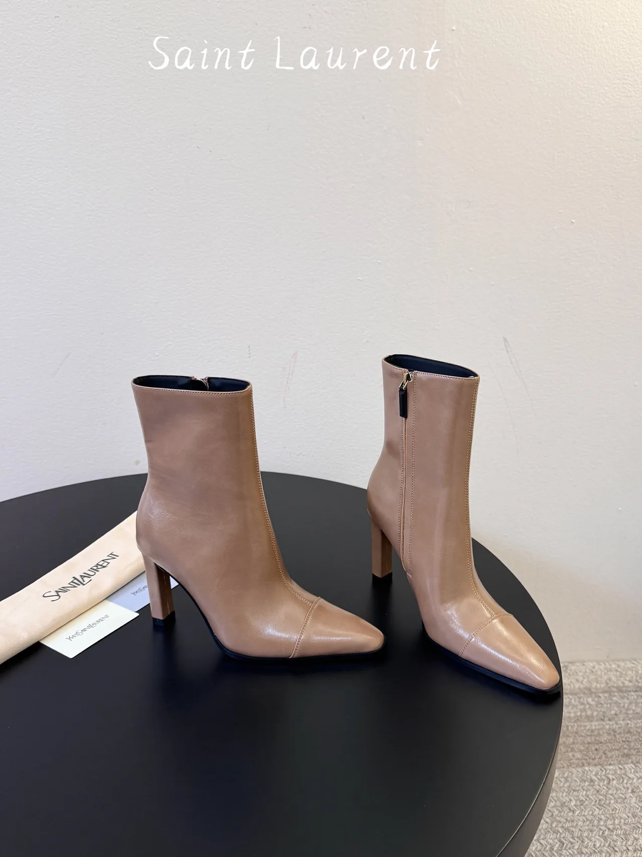 Saint Laurent Glossy Pointed-Toe Ankle Boots in Tan · view 4