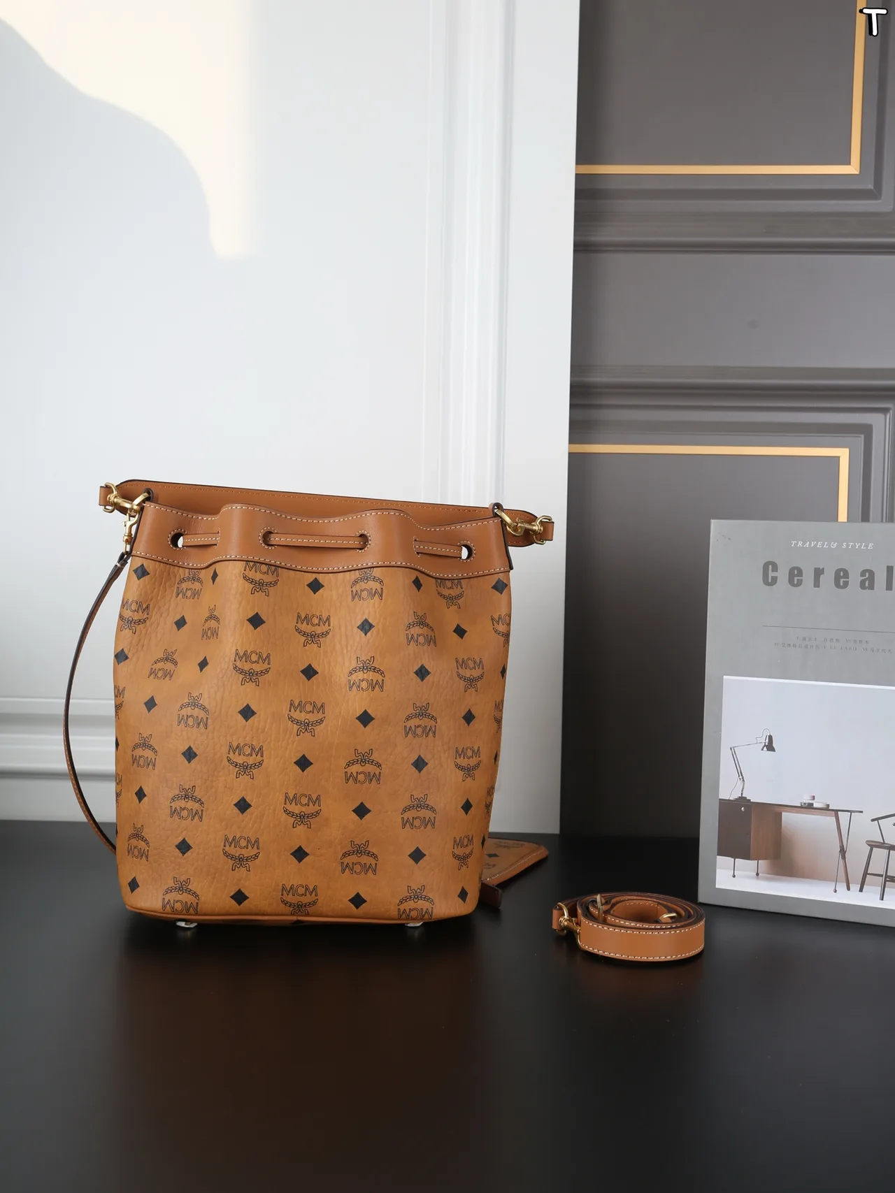 MCM Dessau Bucket Bag with Detachable Pouch in Brown · view 2