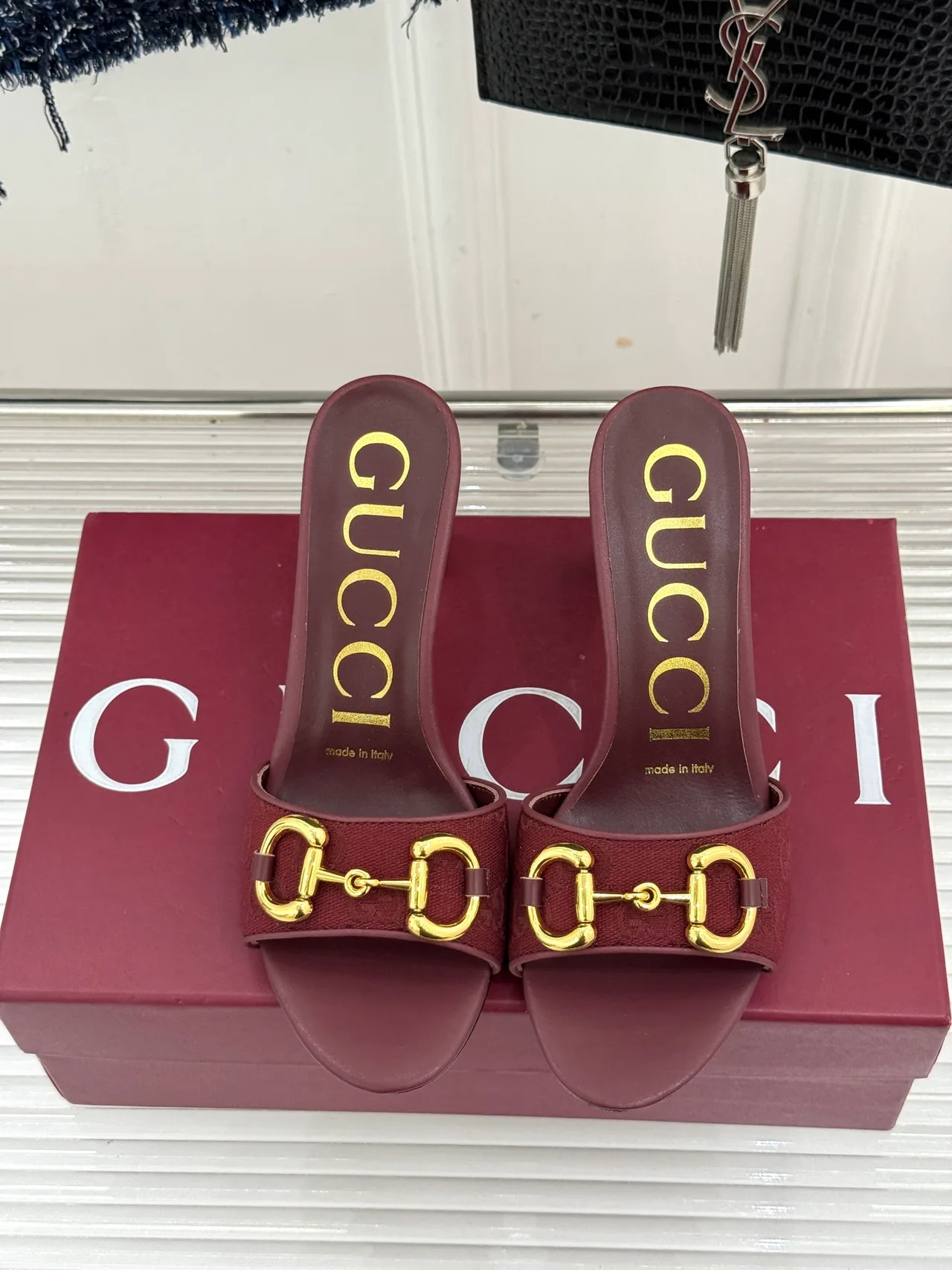 Gucci Canvas Denim Glossy Buckle Mules in Burgundy · view 4