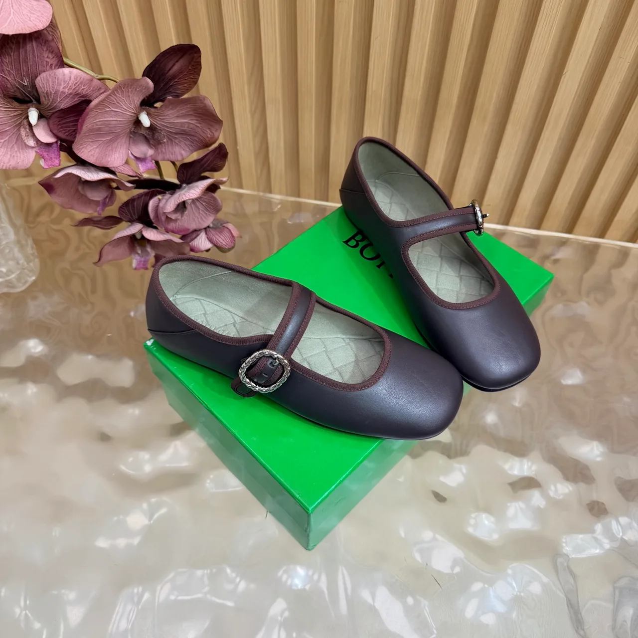 Bottega Veneta Sheepskin Quilted Buckle Mary Jane Flats in Brown · view 2