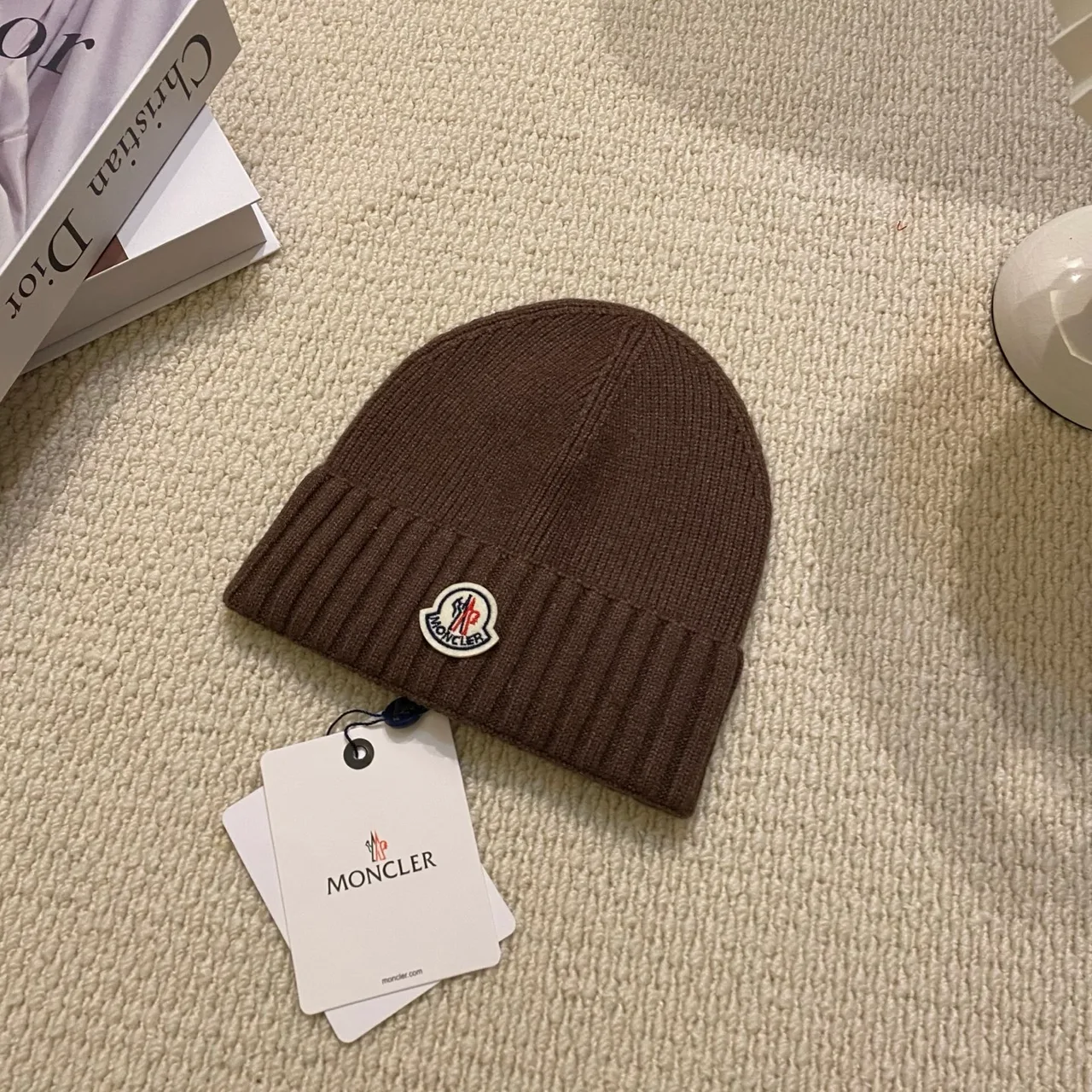 Moncler Rib-knit logo beanie in Black & Beige & Brown & Green & Blue & Grey · view 3