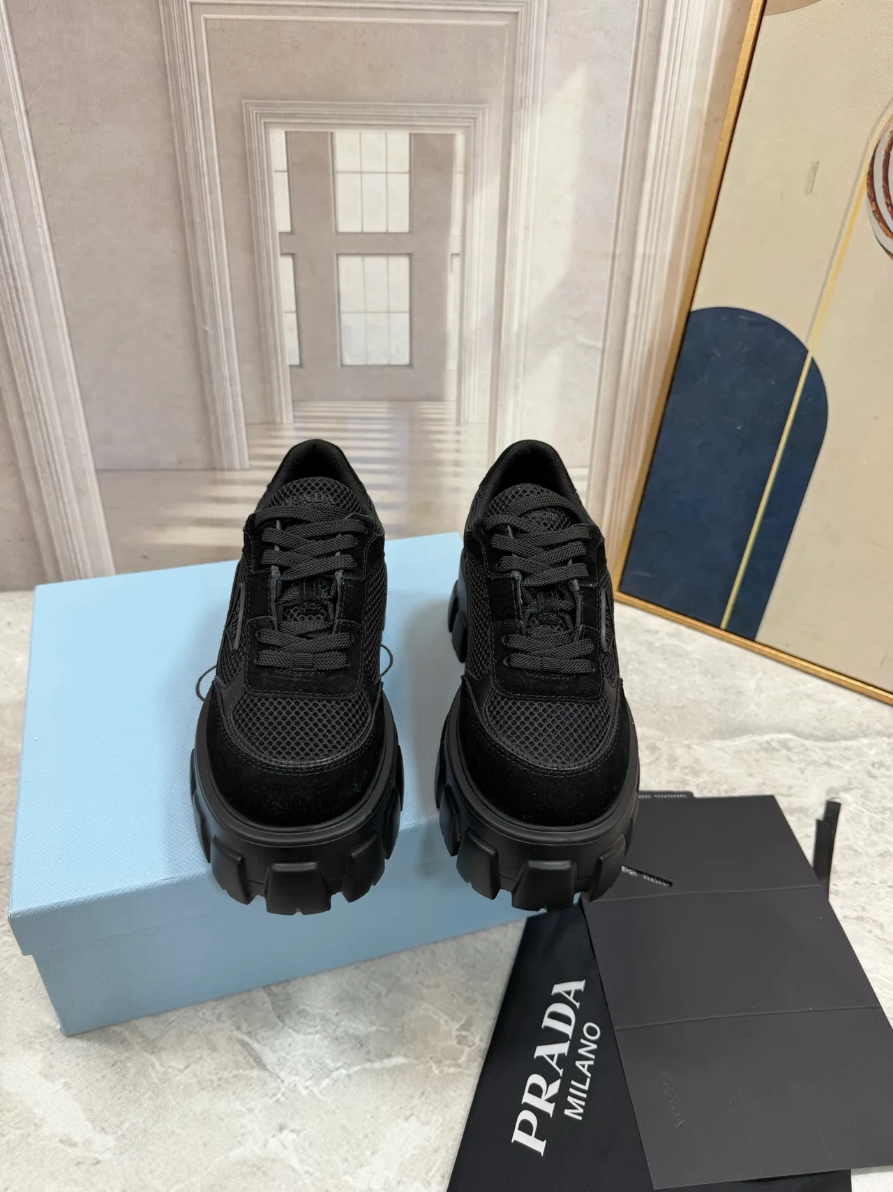 Prada Ribbed Lace-Up Sneakers in Black · view 5