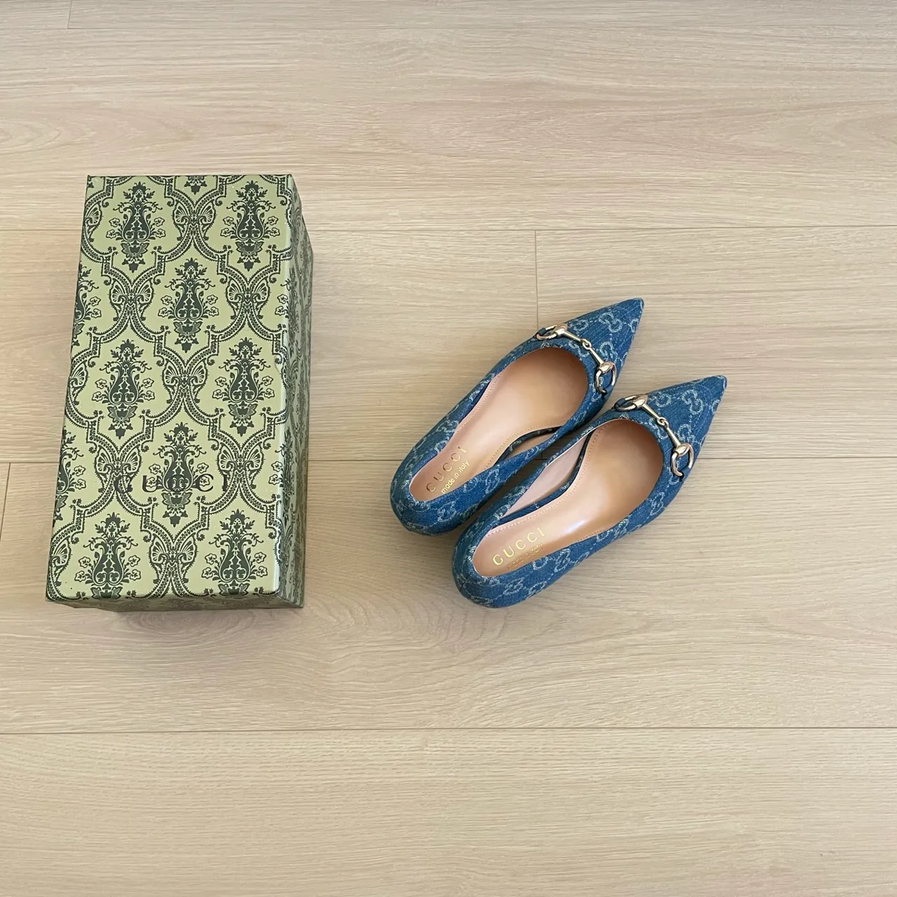 Gucci Canvas Pointed-Toe Monogram Kitten Heel Pumps in Blue · view 5