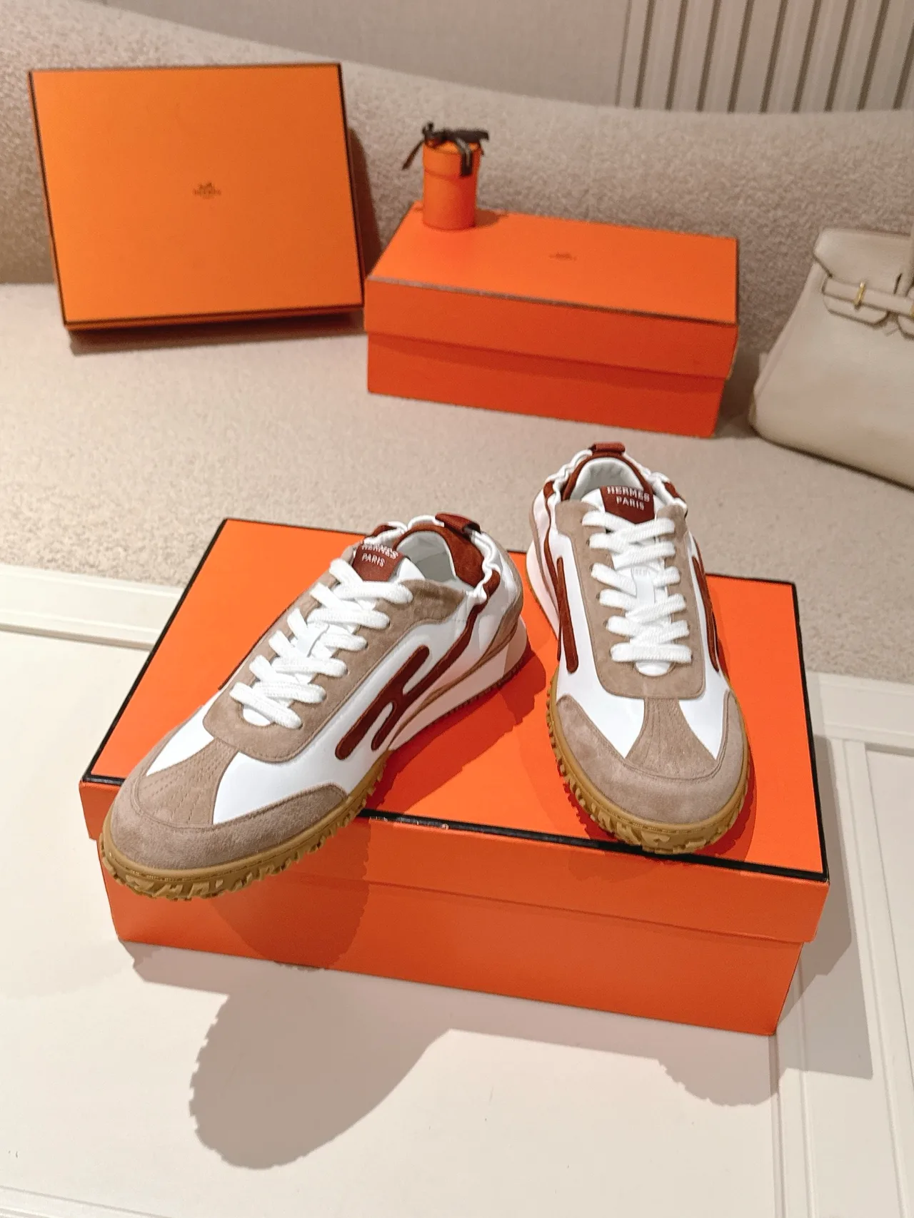 Hermes Sheepskin Suede Round-Toe Sneakers in White · view 3
