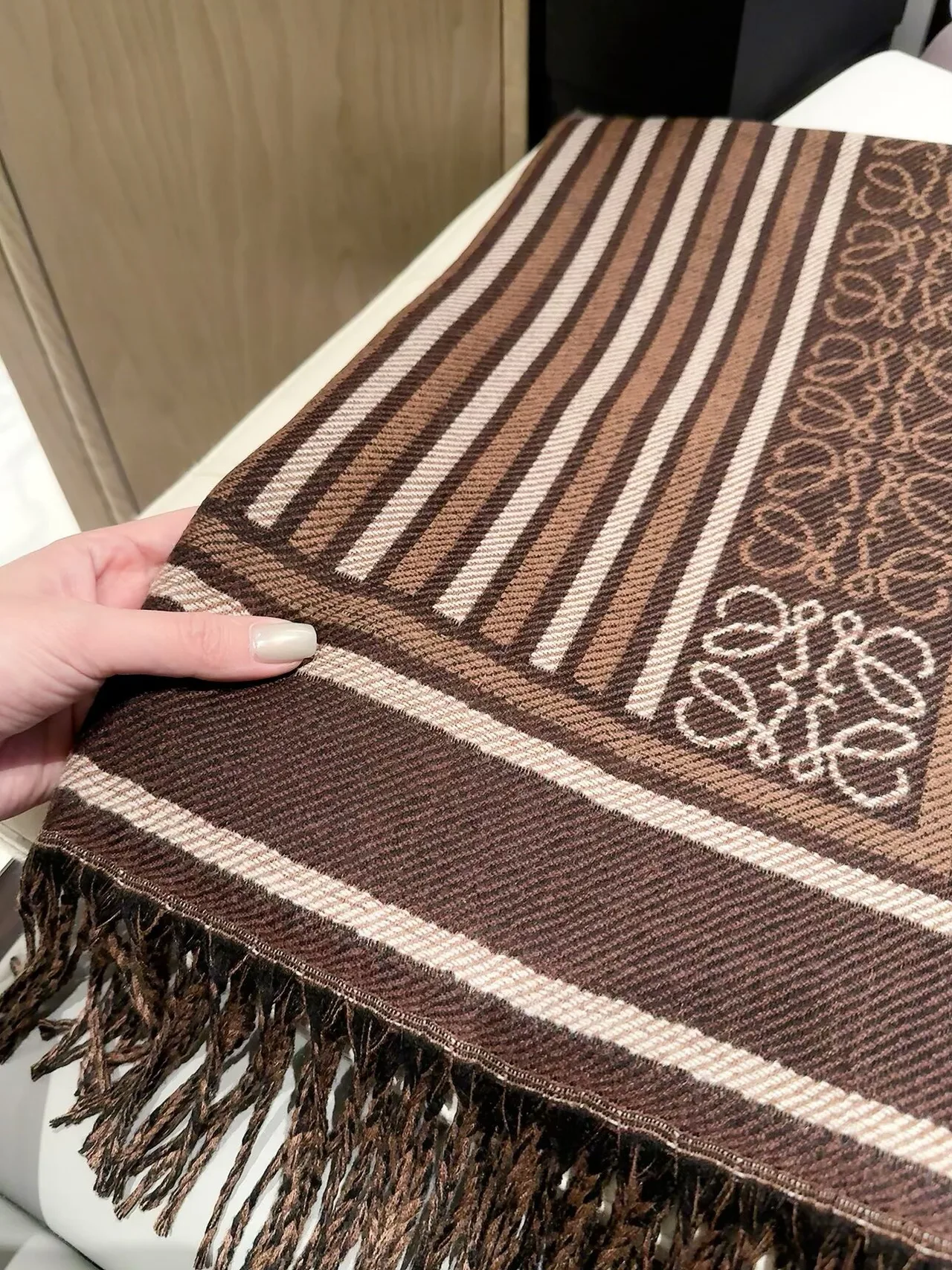 Loewe Striped Anagram fringed scarf in Beige & Brown · view 8