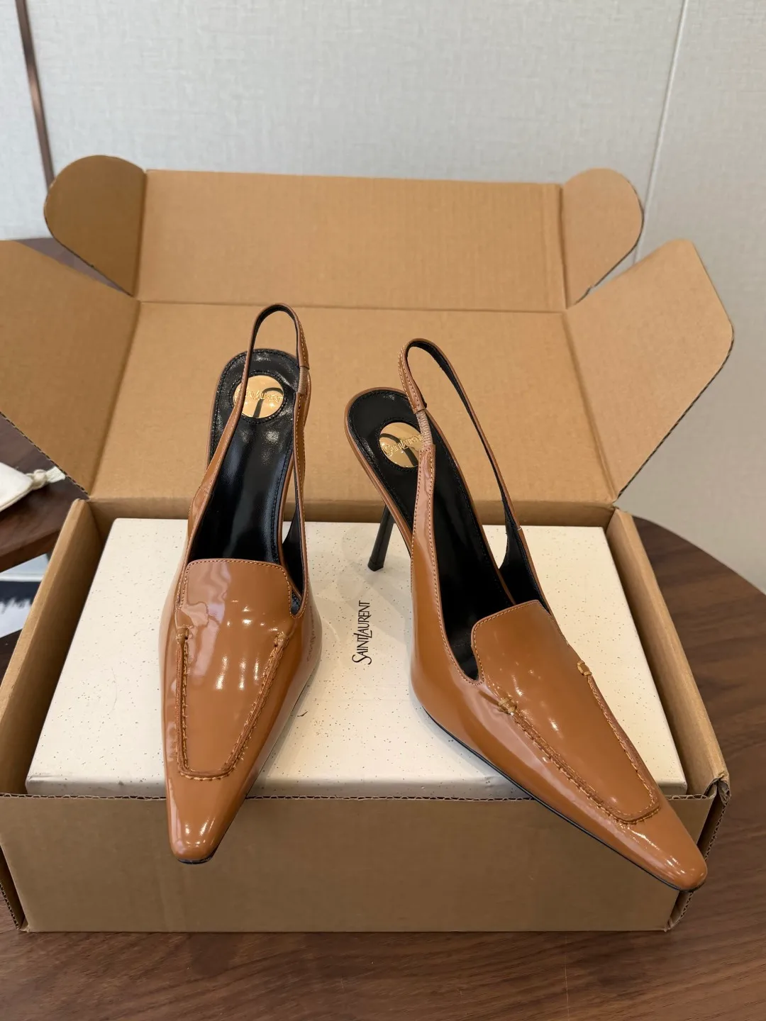Saint Laurent Cowhide Slingback Heels in Brown · view 4