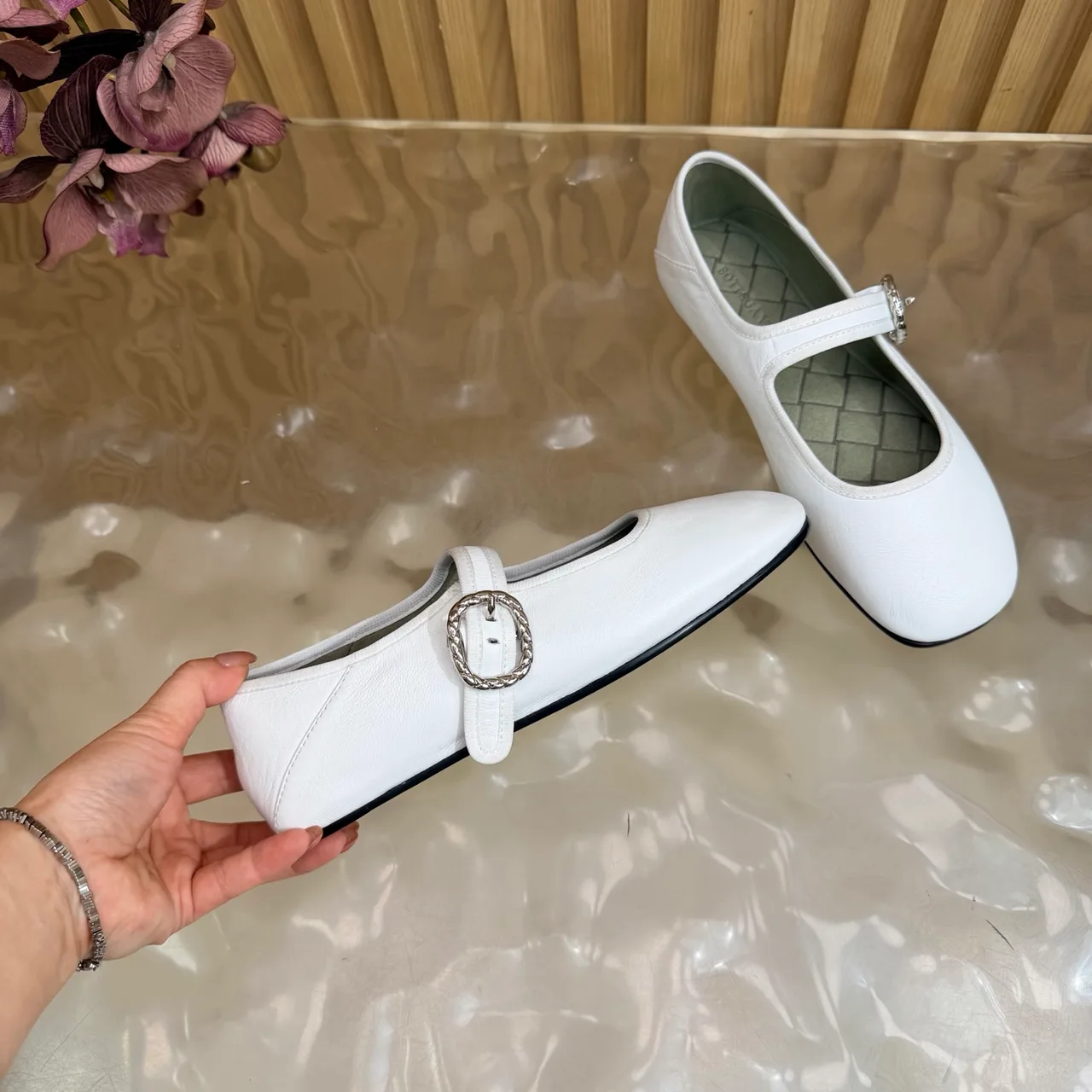 Bottega Veneta Sheepskin Quilted Glossy Square-Toe Buckle Mary Jane Flats in White · view 8