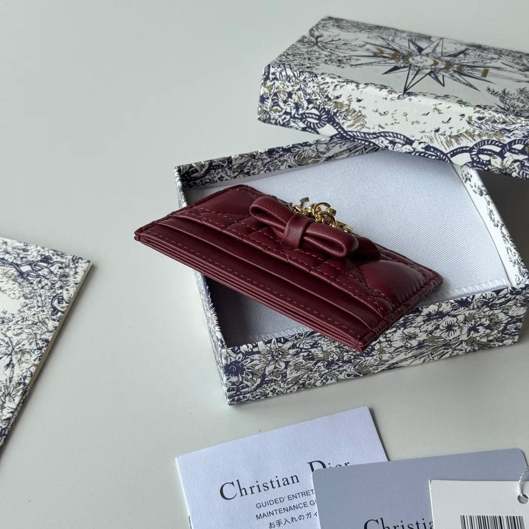 Dior Lambskin Quilted Bow Cardholder in Burgundy · view 5