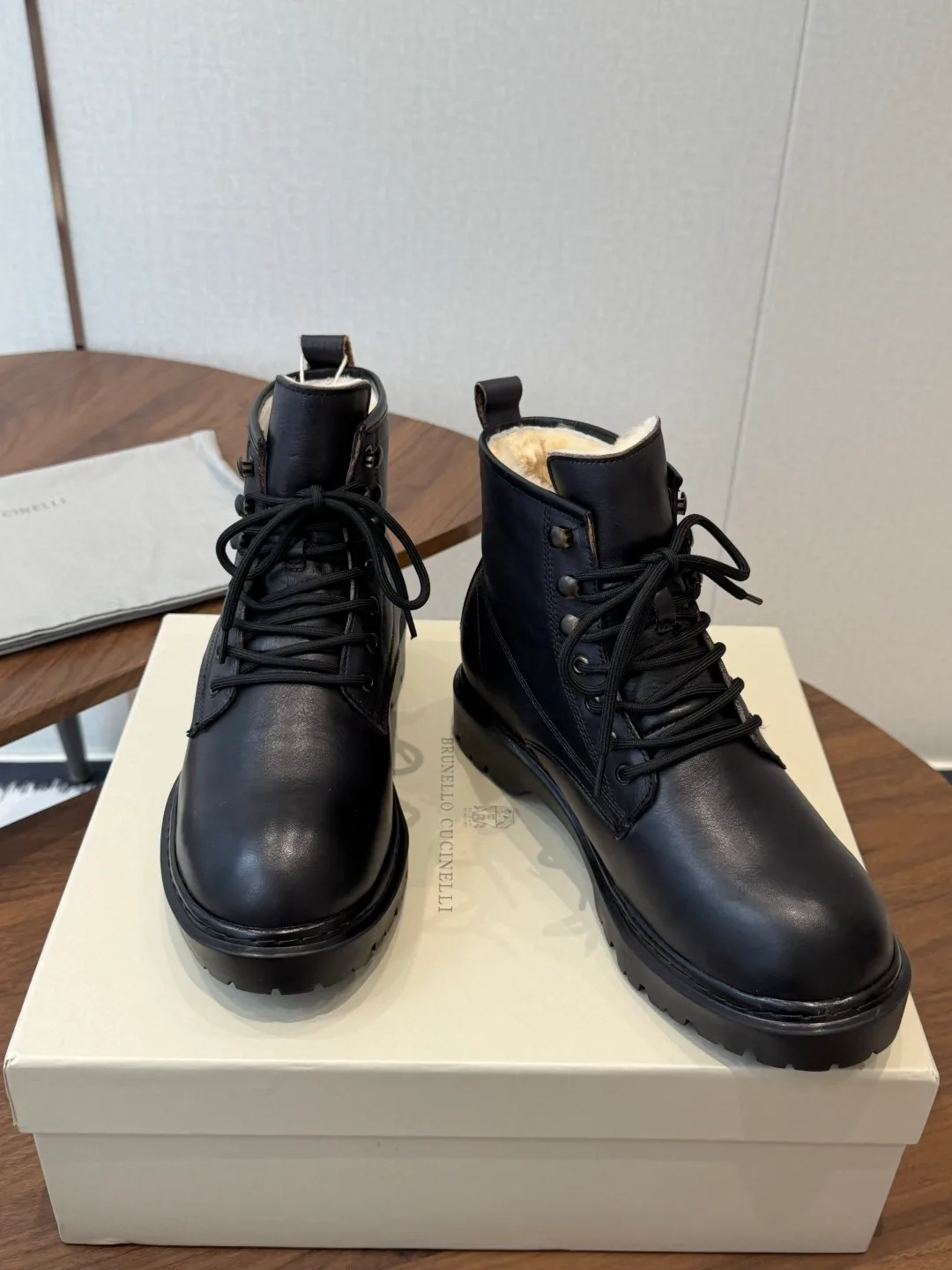 Brunello Cucinelli Cowhide Glossy Round-Toe Lace-Up Ankle Boots in Black · view 2
