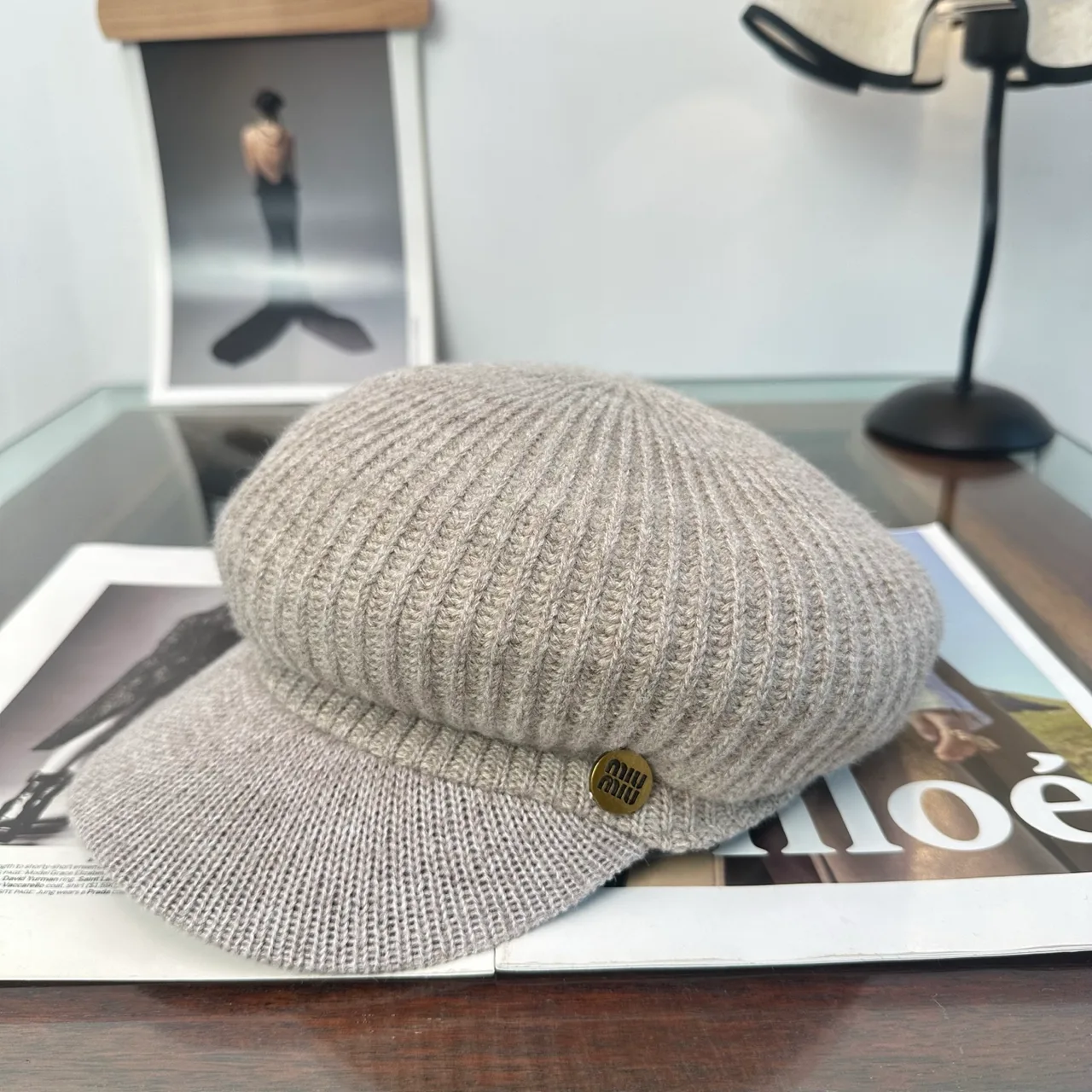 Miu Miu Knit Brimmed Cap in Grey & Black & White & Brown & Beige · view 1