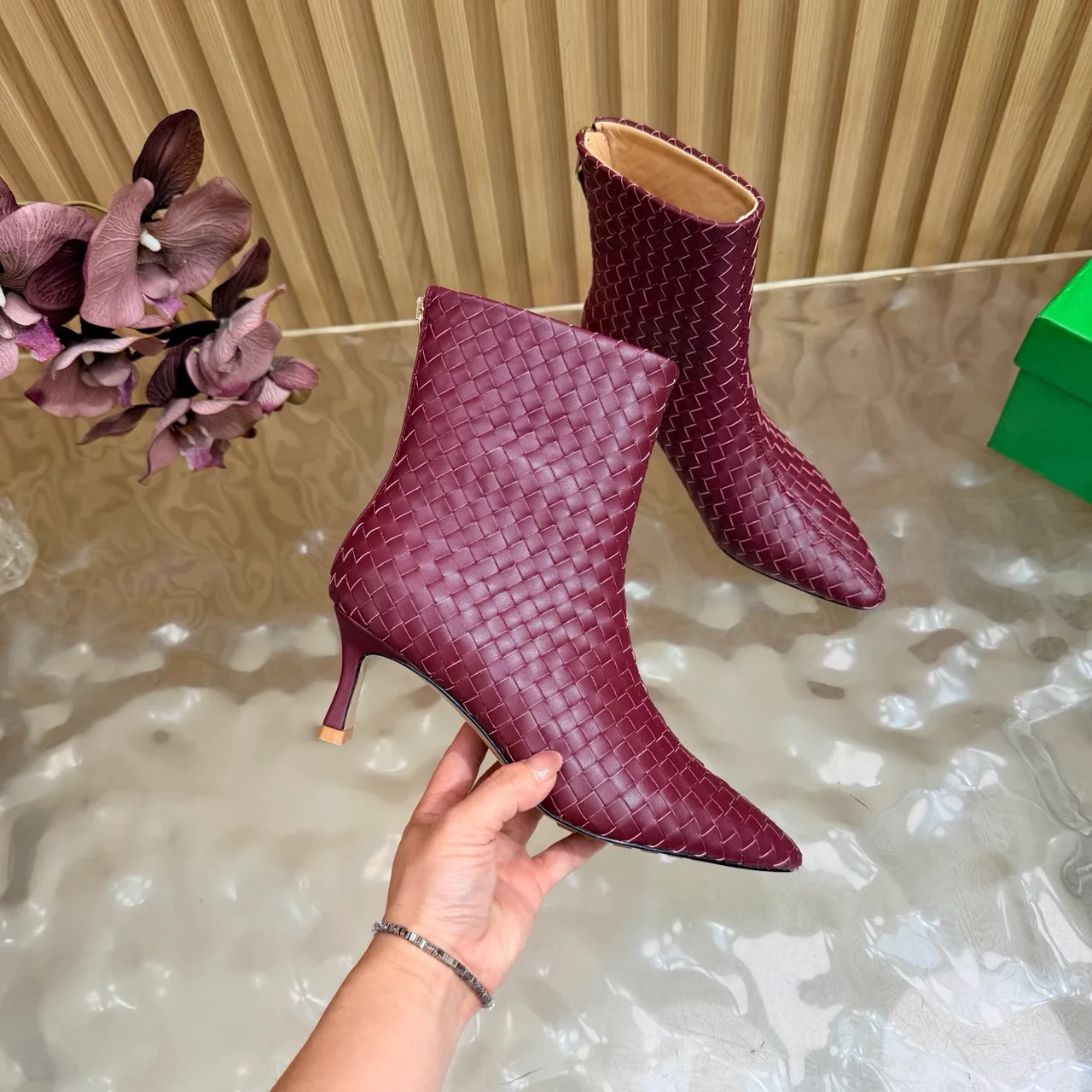Bottega Veneta Woven Glossy Pointed-Toe Ankle Boots in Burgundy · view 8
