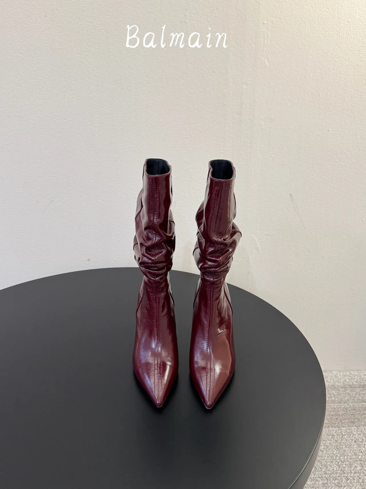 Balmain Denim Ribbed Glossy Pointed-Toe Mid-Calf Boots in Burgundy · view 1