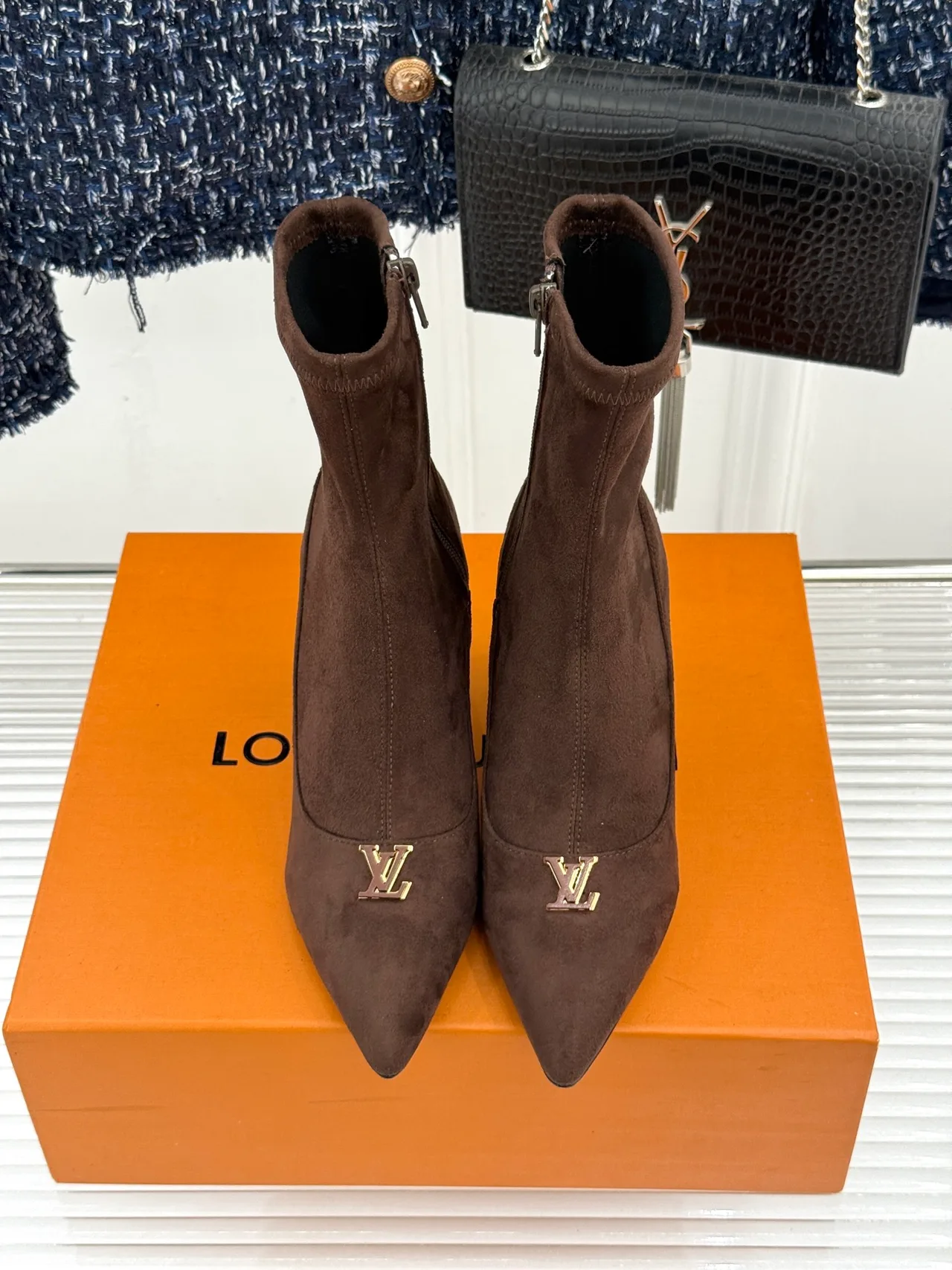 Louis Vuitton Denim Suede-Look Pointed-Toe Pumps in Brown · view 3