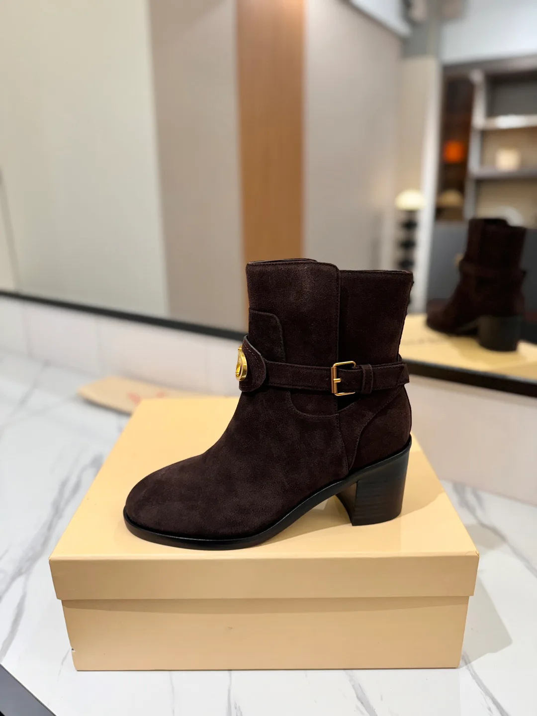 Valentino Calfskin Suede-Look Pointed-Toe Ankle Boots in Brown · view 4