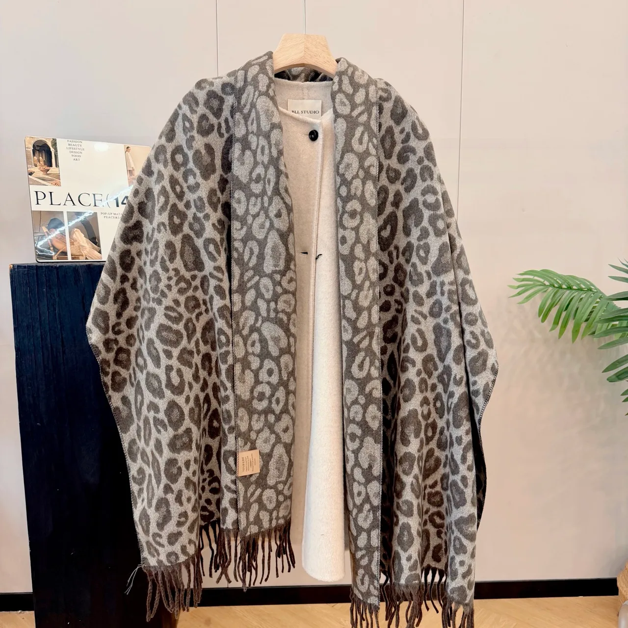 Leopard-Pattern Fringe Scarf in Red & Grey · view 2