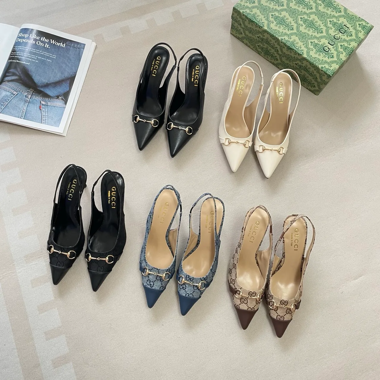 Gucci Horsebit Slingback Pumps in Black / White / Blue / Beige · view 4