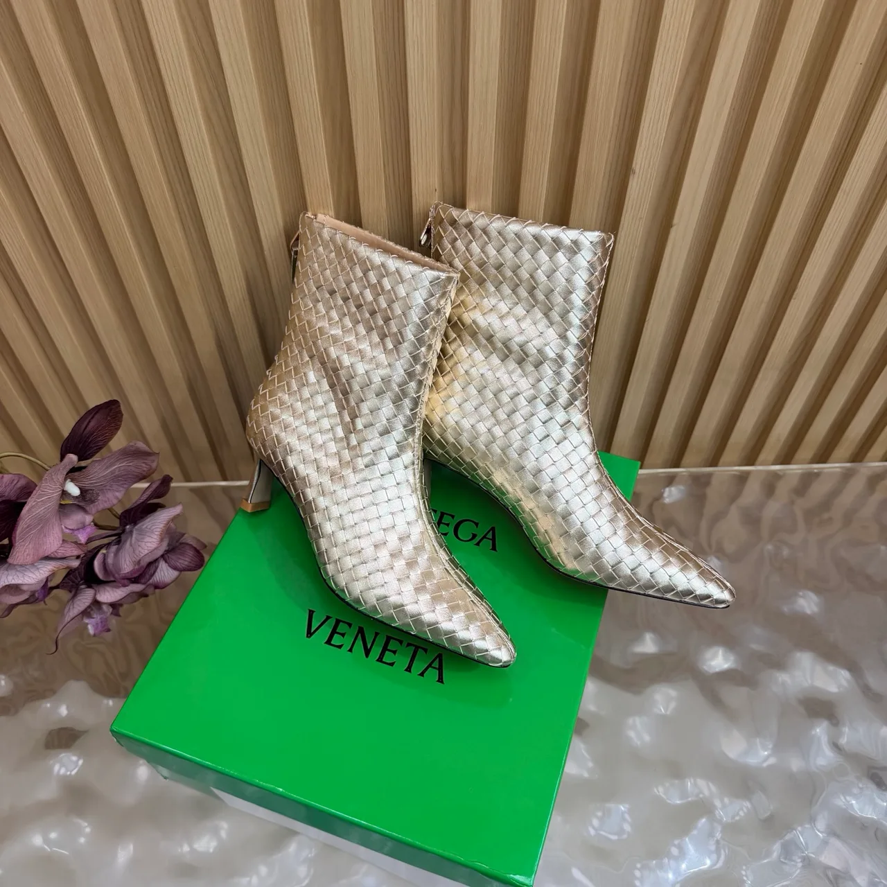 Bottega Veneta Woven Pointed-Toe Ankle Boots in Gold · view 3