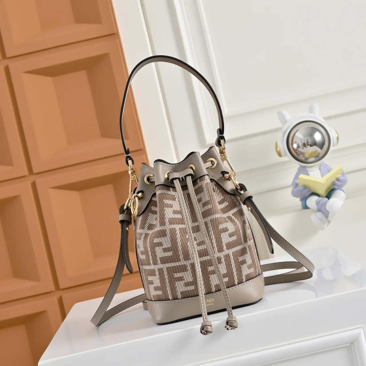 Fendi Calfskin Embroidered Bucket Bag in Beige · view 1