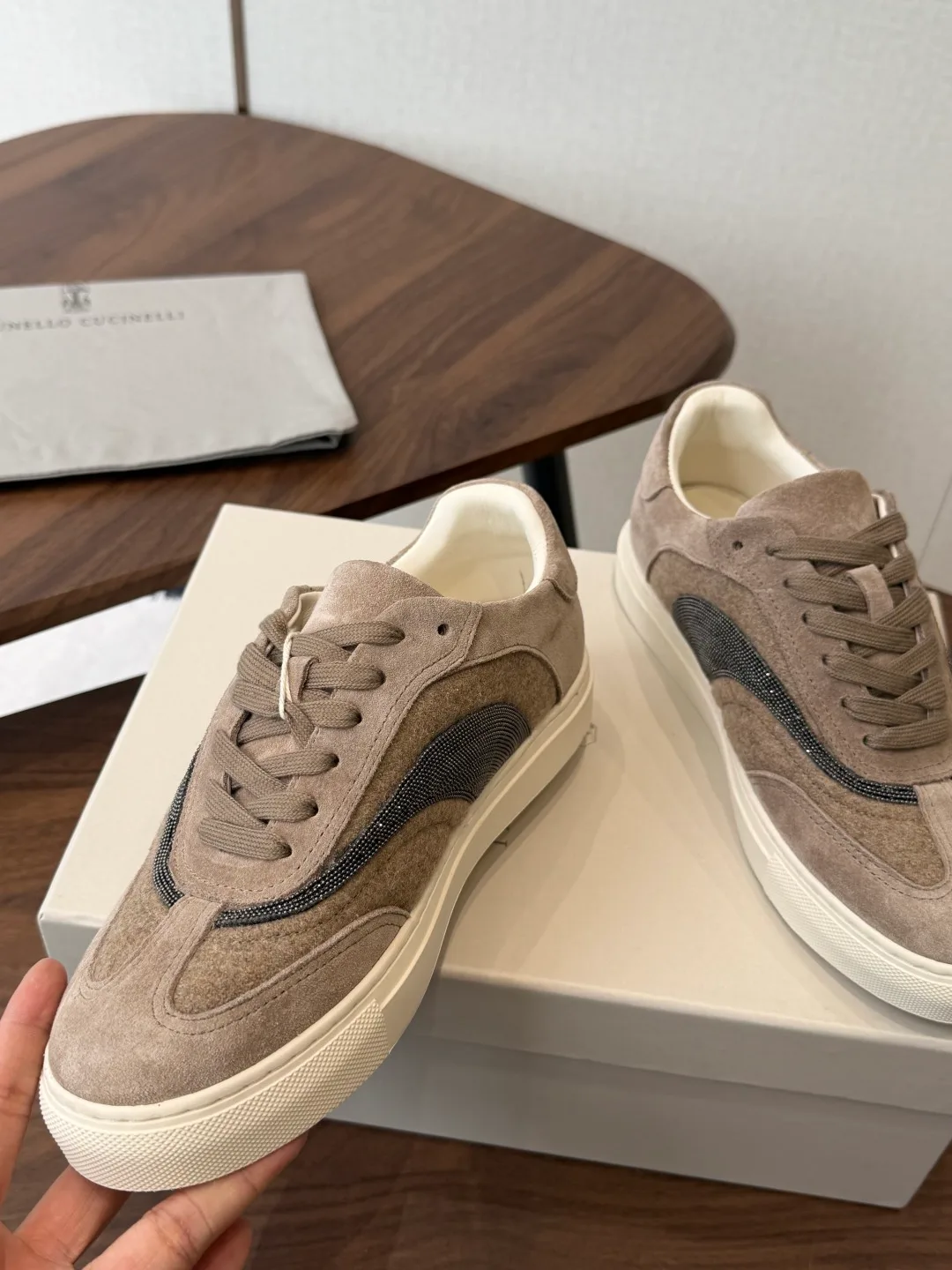 Brunello Cucinelli Cowhide Suede Panelled Lace-Up Sneakers in Grey · view 5