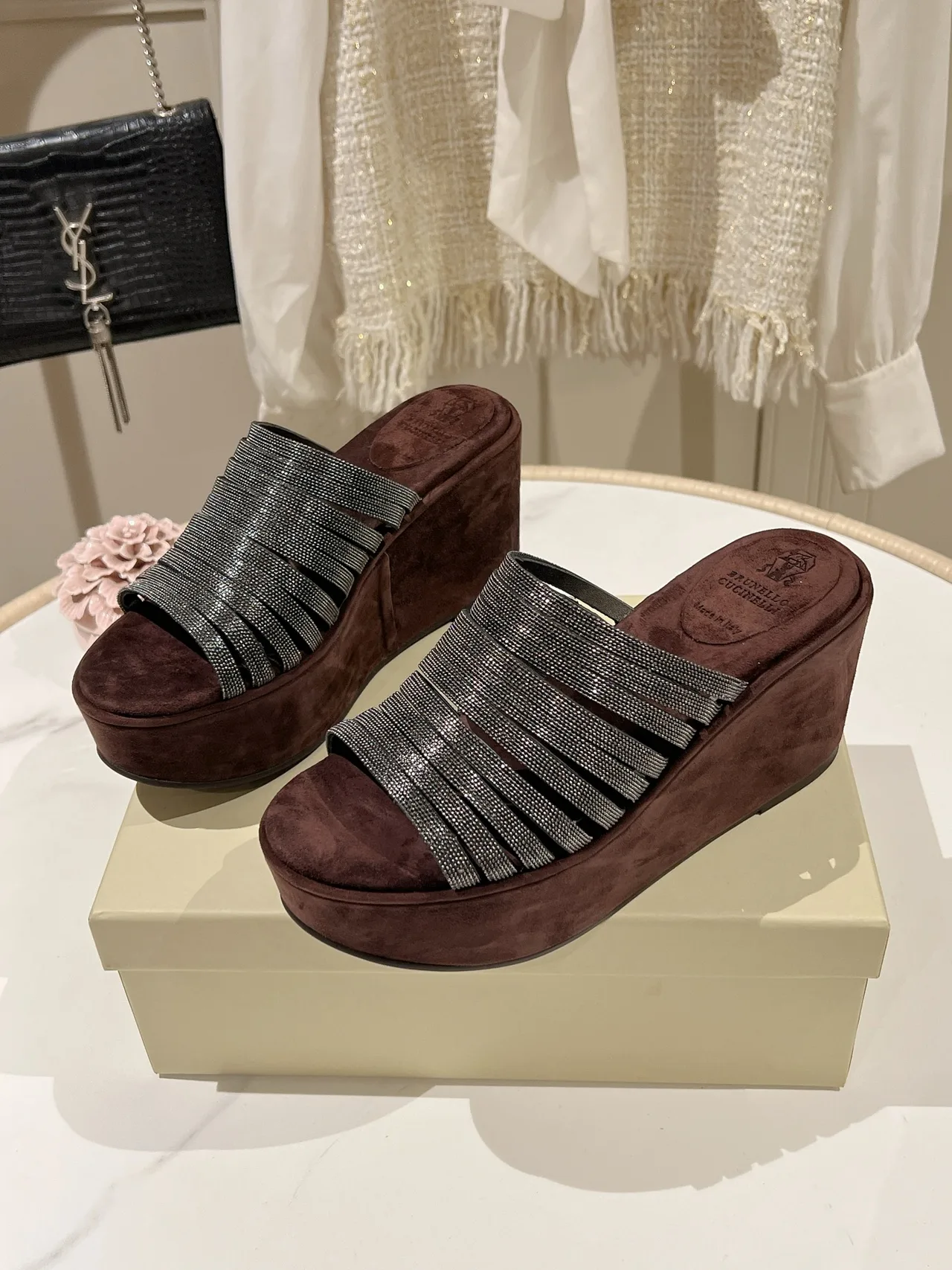 Brunello Cucinelli Beaded Slide Sandals in Grey · view 3