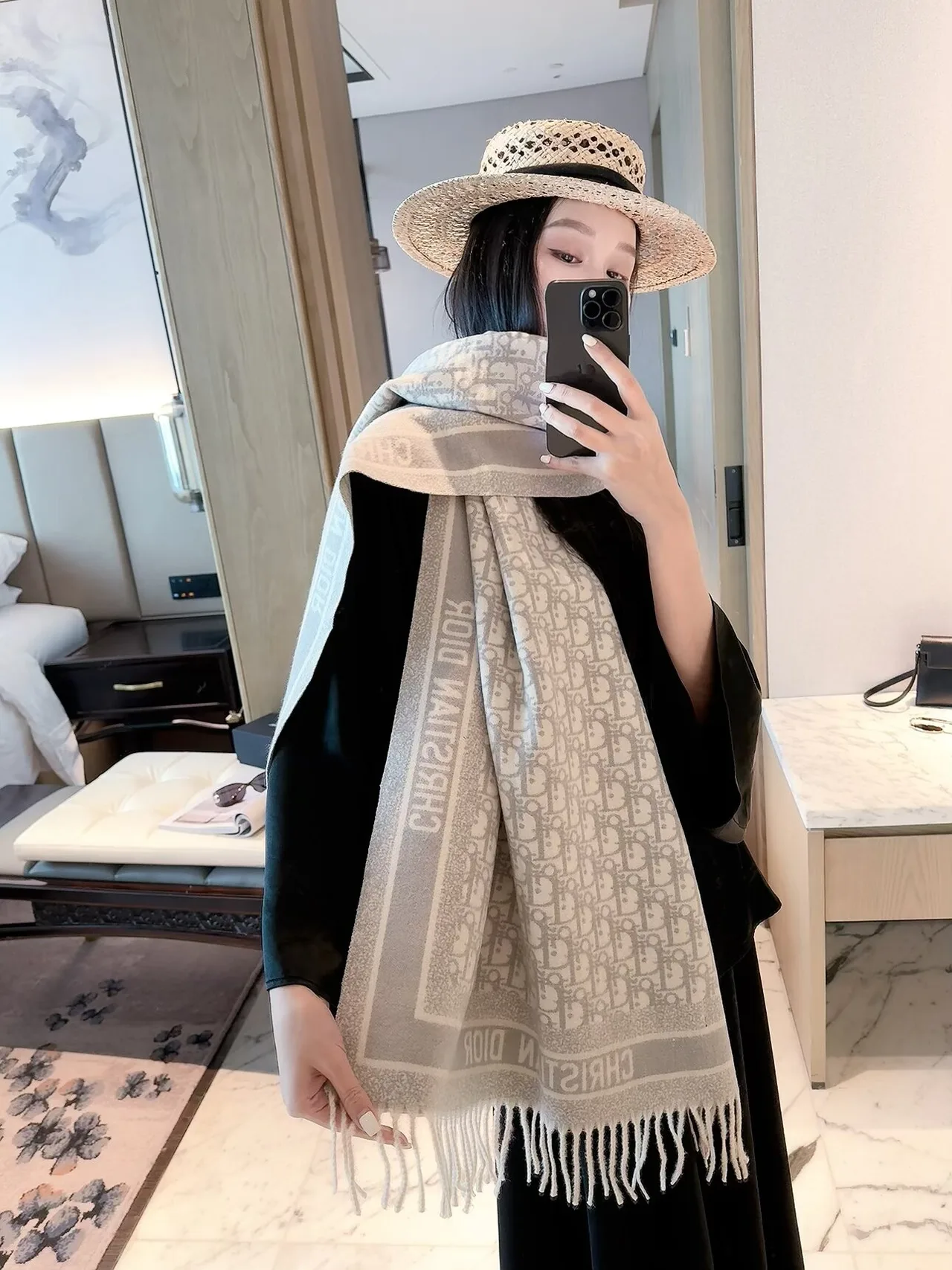 Dior Oblique Border Fringe Scarf in Grey & Pink & Beige · view 1