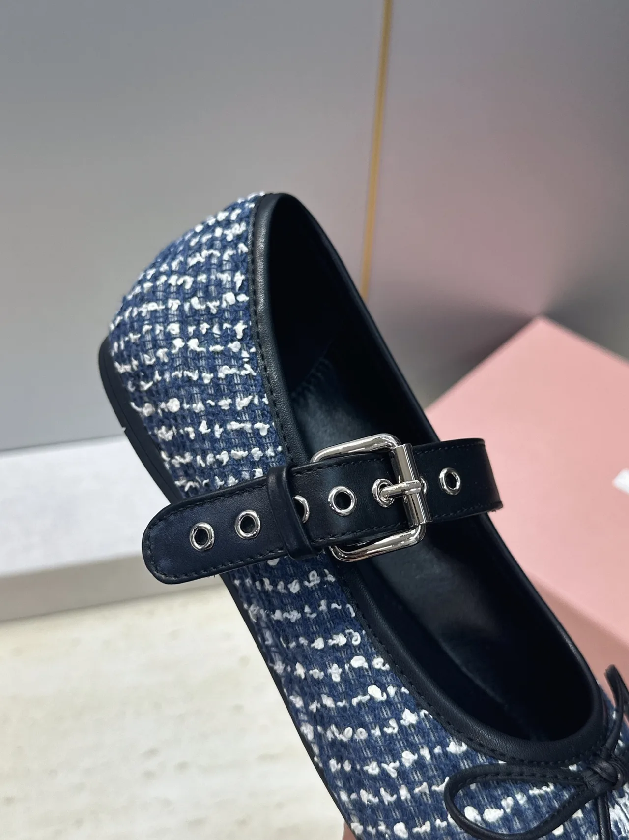 Miu Miu Calfskin Round-Toe Mary Jane Flats in Blue · view 8