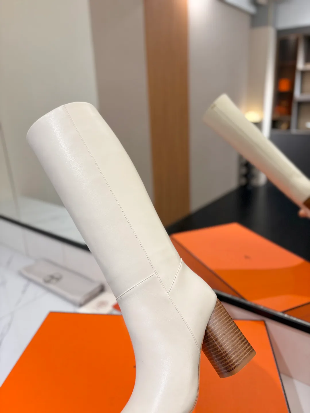 Hermes Cowhide Matte Round-Toe Knee-High Boots in White · view 8