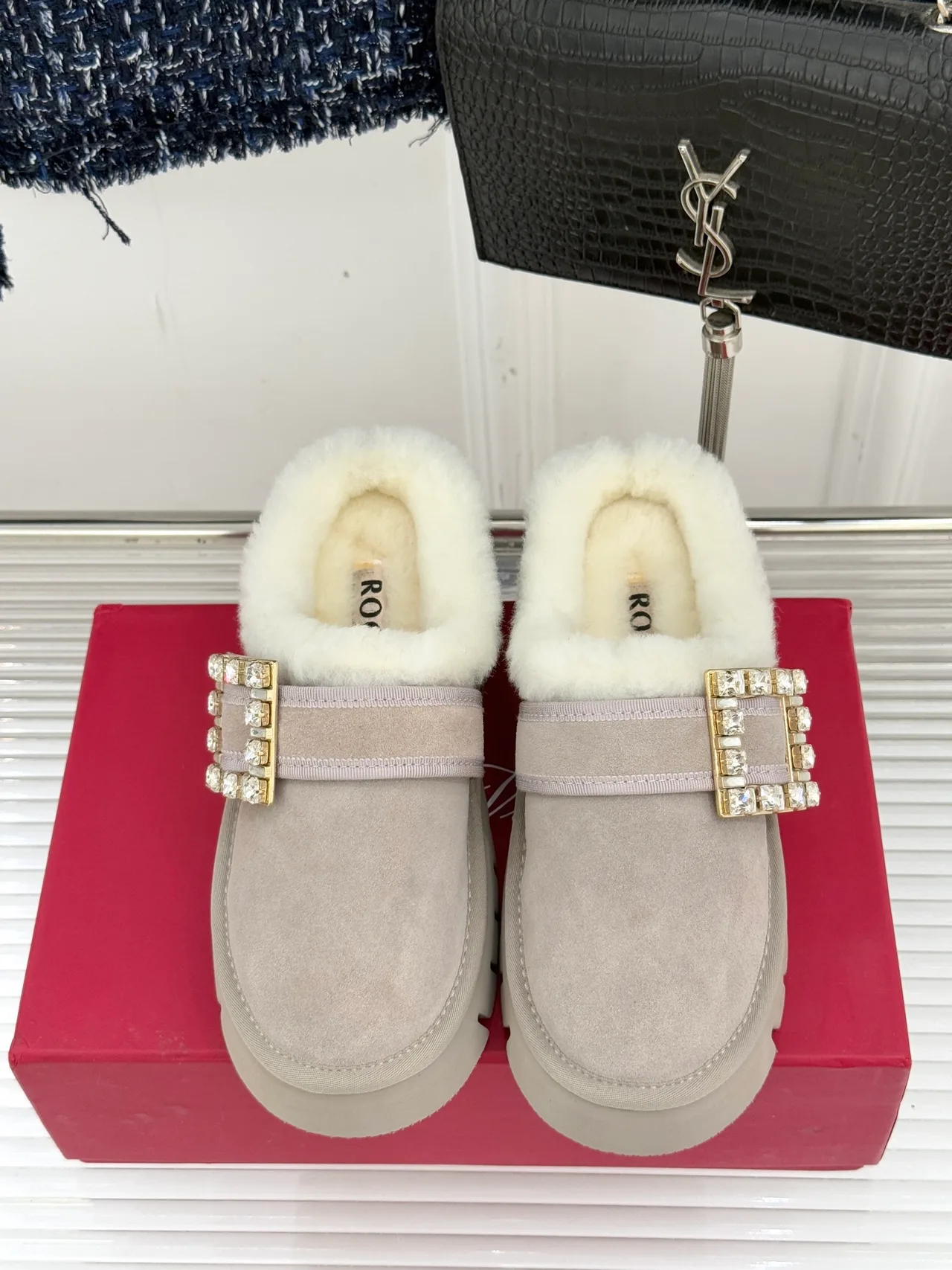 Roger Vivier Wool Buckle Fur-Lined Mules in Grey · view 1
