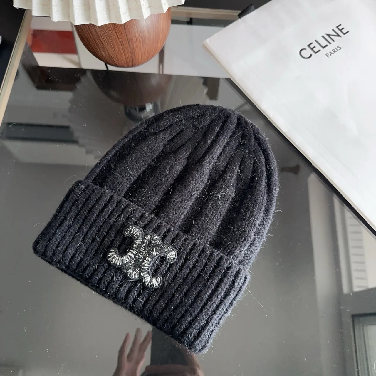 Celine Ribbed Beanie in Black · view 2